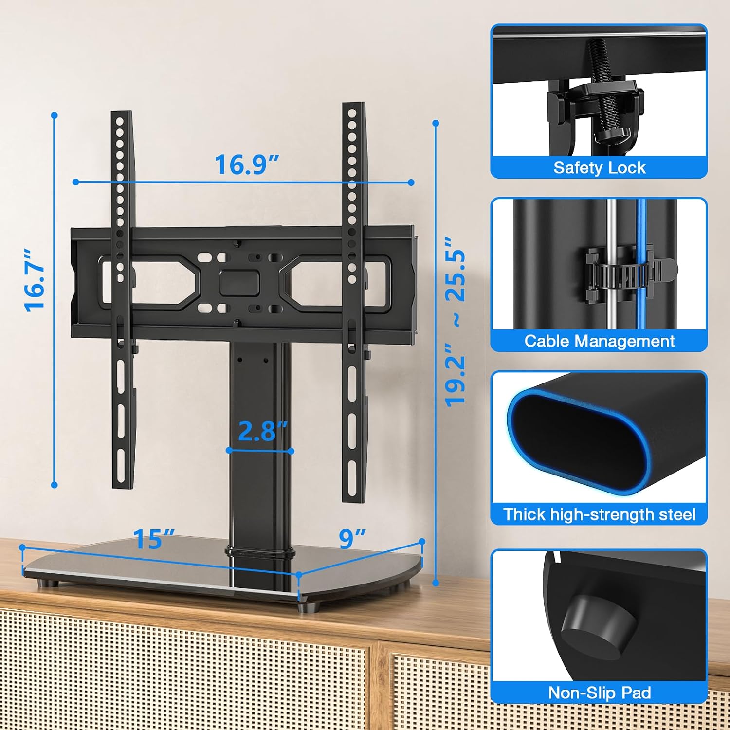 Rfiver Universal Swivel TV Stand for 27-50 55 60 Inch TVs | Height Adjustable Tabletop TV Stand Holds up to 88 lbs, Pedestal TV Stand with Tempered Glass Base, Replacement TV Mount
