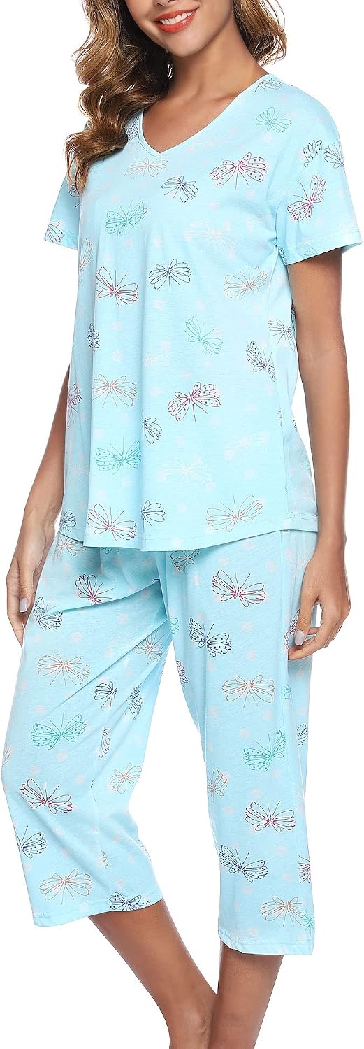 ENJOYNIGHT Womens Pajama Set Cotton Short Sleeve Top With Capri Pants Pj