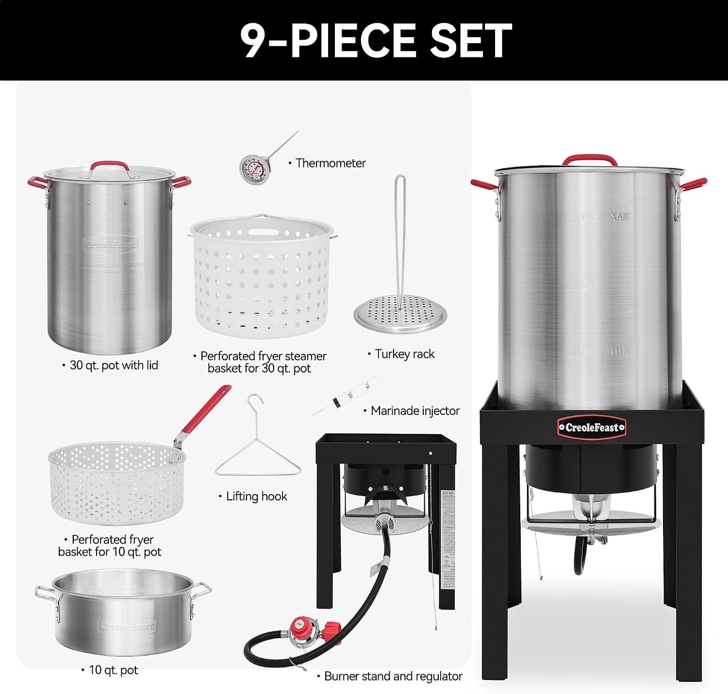 CreoleFeast TFS3010 Propane 30 Qt. Turkey and 10 Qt. Fish Fryer Boiler Steamer Set, 50,000 BTU Burner, Ideal for Outdoor Cooking