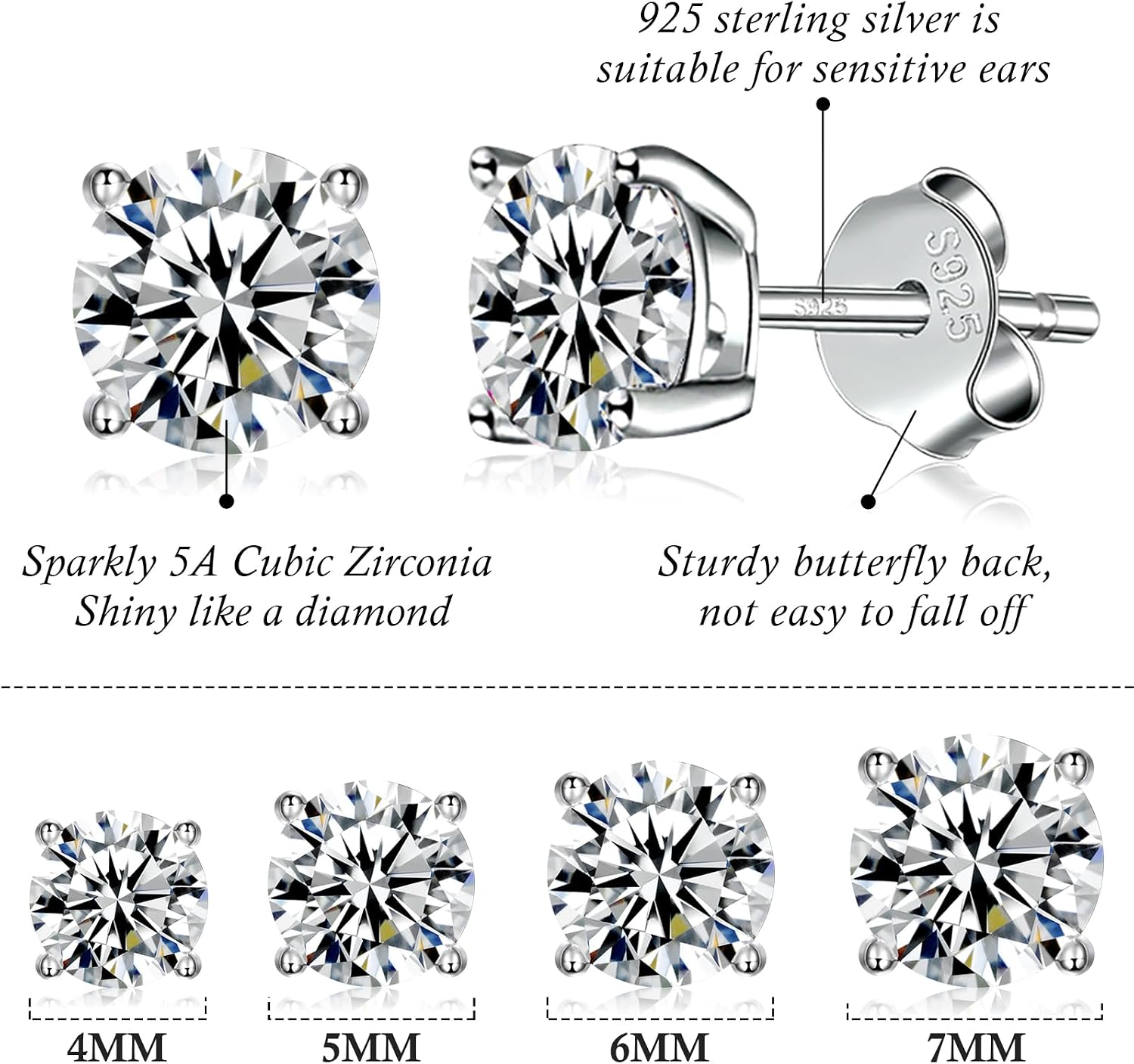 925 Sterling Silver Stud earrings Set | White Gold Plated Hypoallergenic Stud Earrings | Cubic Zirconia Stud Earrings for Women (2mm, 3mm, 4mm, 5mm