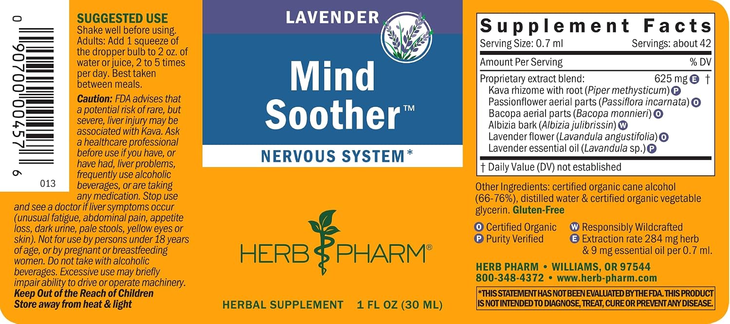Herb Pharm Mind Soother: Lavender Liquid Herbal Formula with Noble Kava & Lavender Essential Oil for Nervous System Support, Calming & Relaxing, Vegan