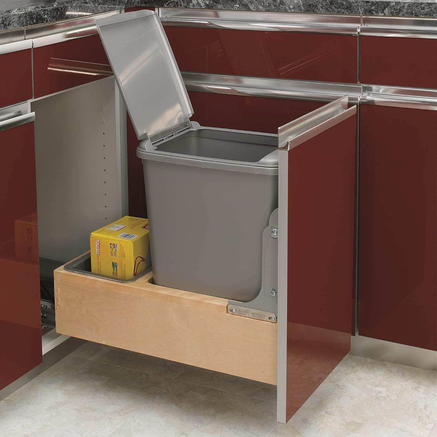 Rev-A-Shelf 35 Qt Bottom Mount Single Pullout Under Cabinet Kitchen Trash Cans for Base Cabinets, 150 Pound Rated Full-Extension Slides, Min Opening Width of 11.5", Silver, 4WCBM-15DM-1