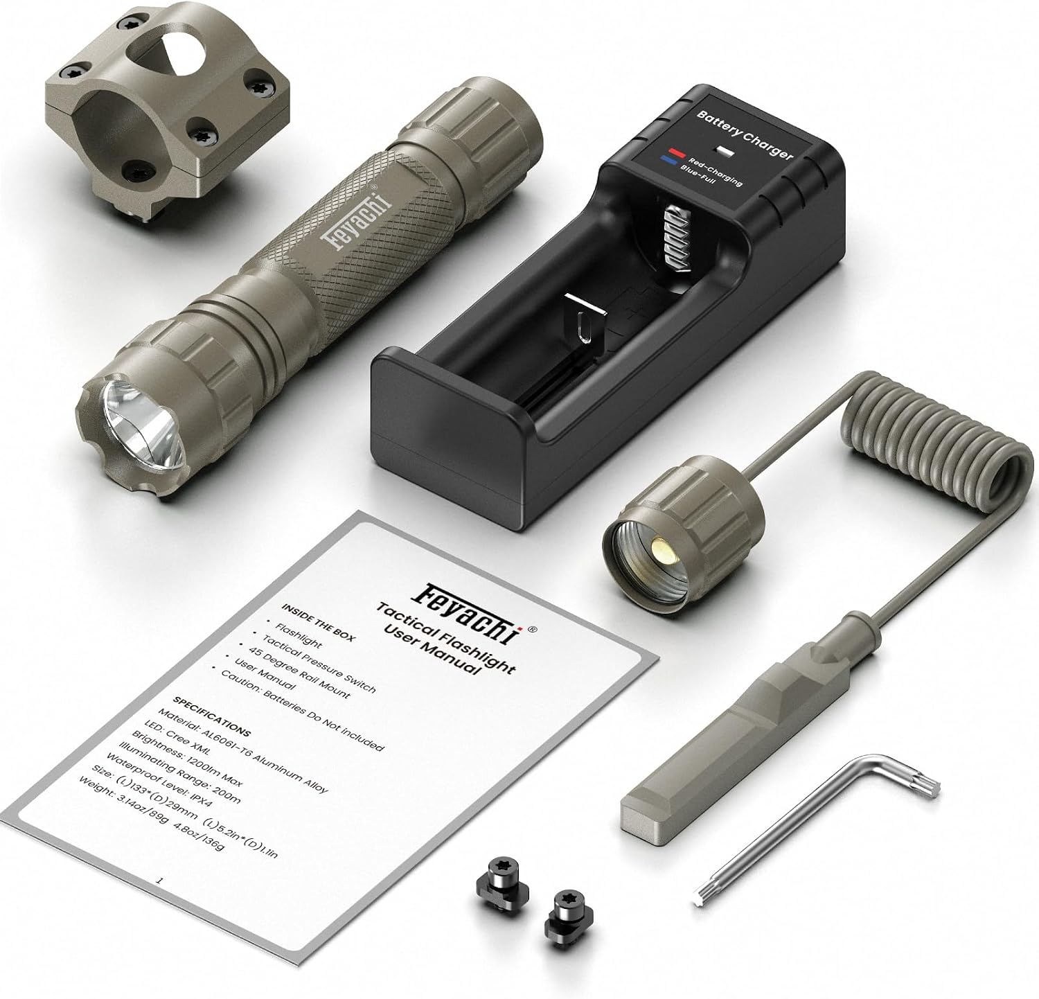 Feyachi FL22 Tactical Flashlight 1200 Lumens LED Light M Lock Rail Mount Ar Flashlight with Pressure Switch
