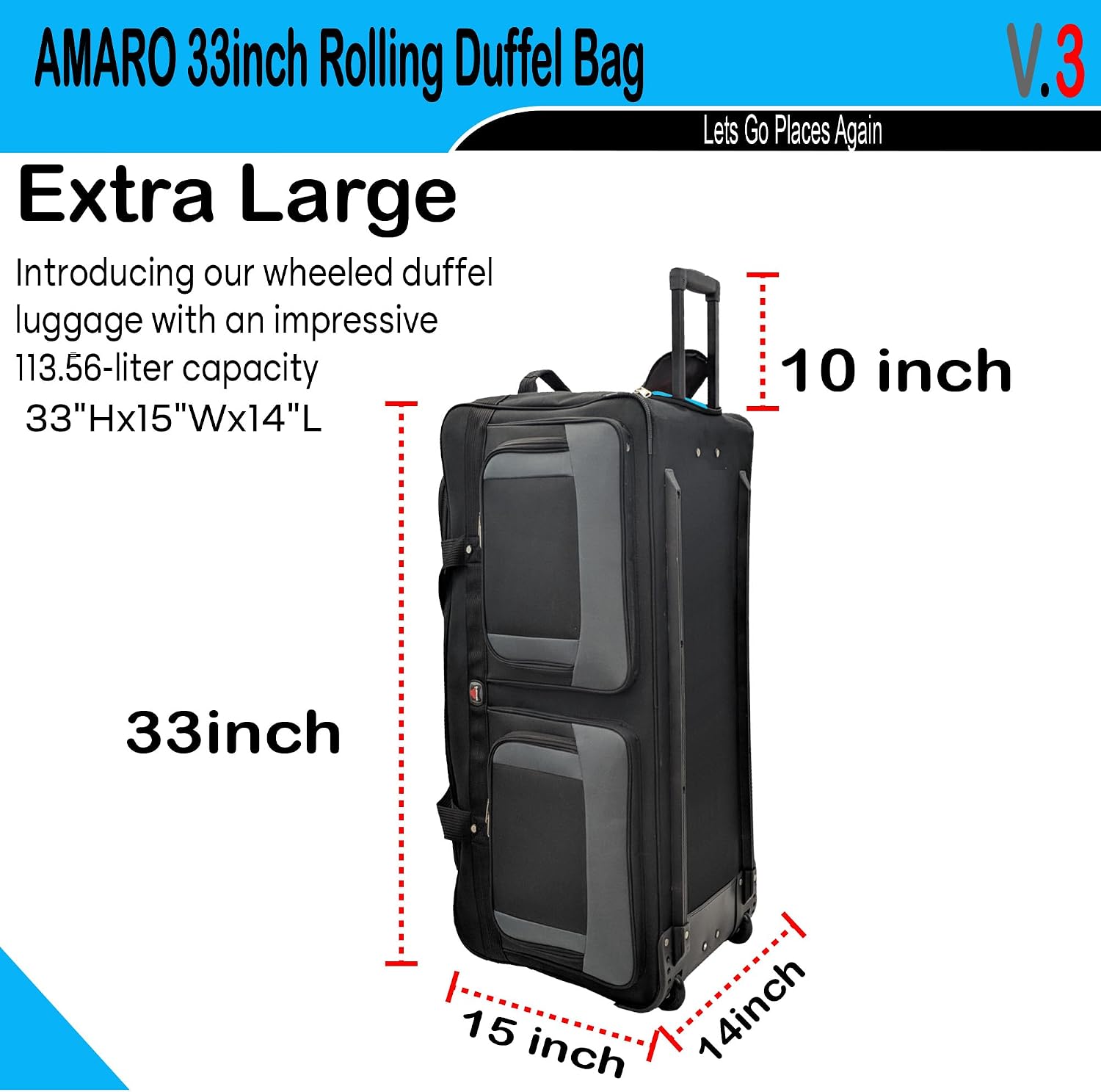 AMARO 36 Inch Rolling Duffle Bag with Wheels, Extra Large Heavy Duty Travel Duffel Luggage with Telescopic Handle, Multiple Pockets, Collapsible Storage, Black/Grey