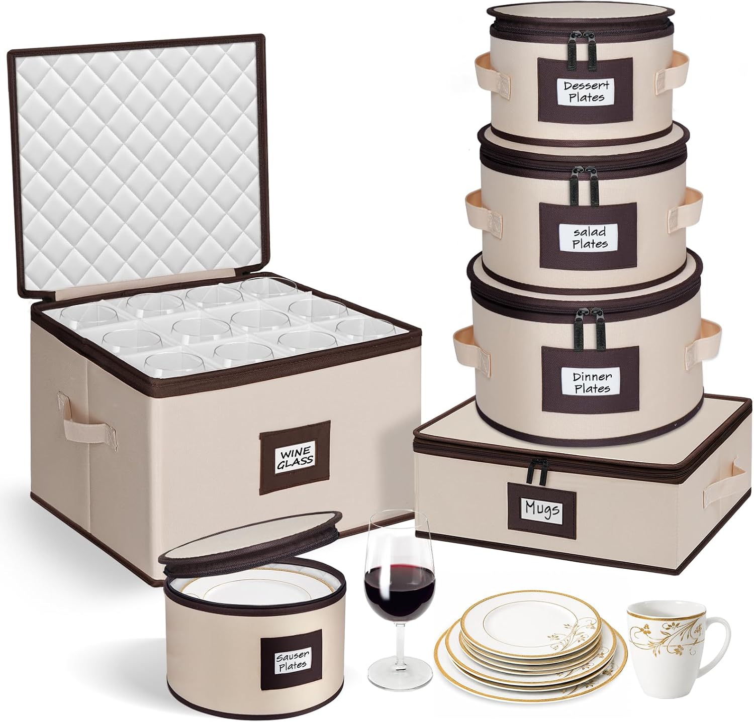 China Storage Containers, 4-Pack Hard Shell Plate & Dish Cases for Moving | Padded dividers and quilted lining protect plates and dishes; stackable for moving and holiday storage, beige hold set of 12