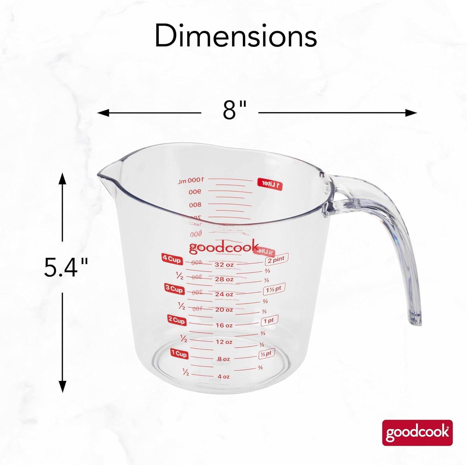GoodCook Everyday 4-Cup Liquid Measuring Cup, Clear Plastic with Easy-to-Read Markings, Tapered Pour Spout, Comfortable Handle, Measures in Cups, Ounces, Pints, and Milliliters