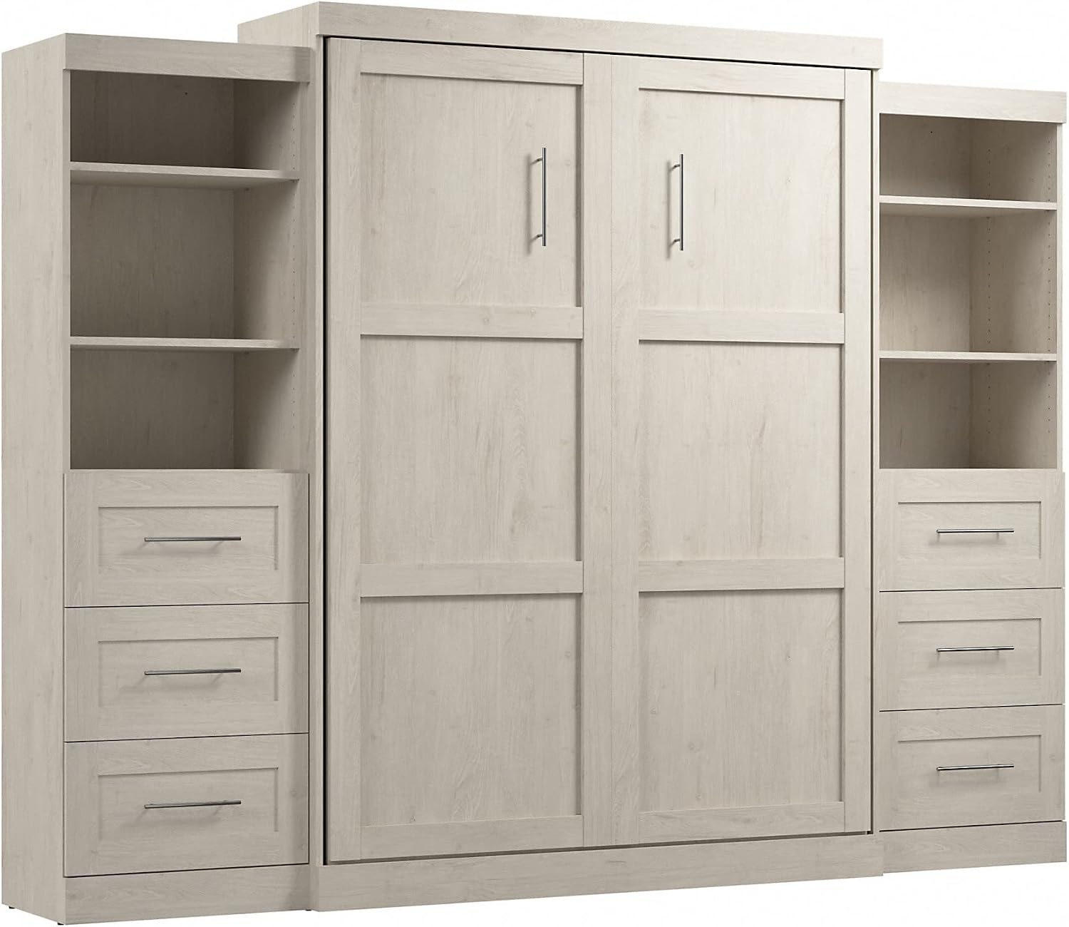 Bestar Pur Full Murphy Bed and 2 Shelving Units with Drawers, 109-inch Space-Saving Sleeping Arrangement in White | 2 Shelving Units with Drawers; supports up to 1000 lb; min. ceiling height 86.4 in.; dual piston mechanism; 10-year warranty