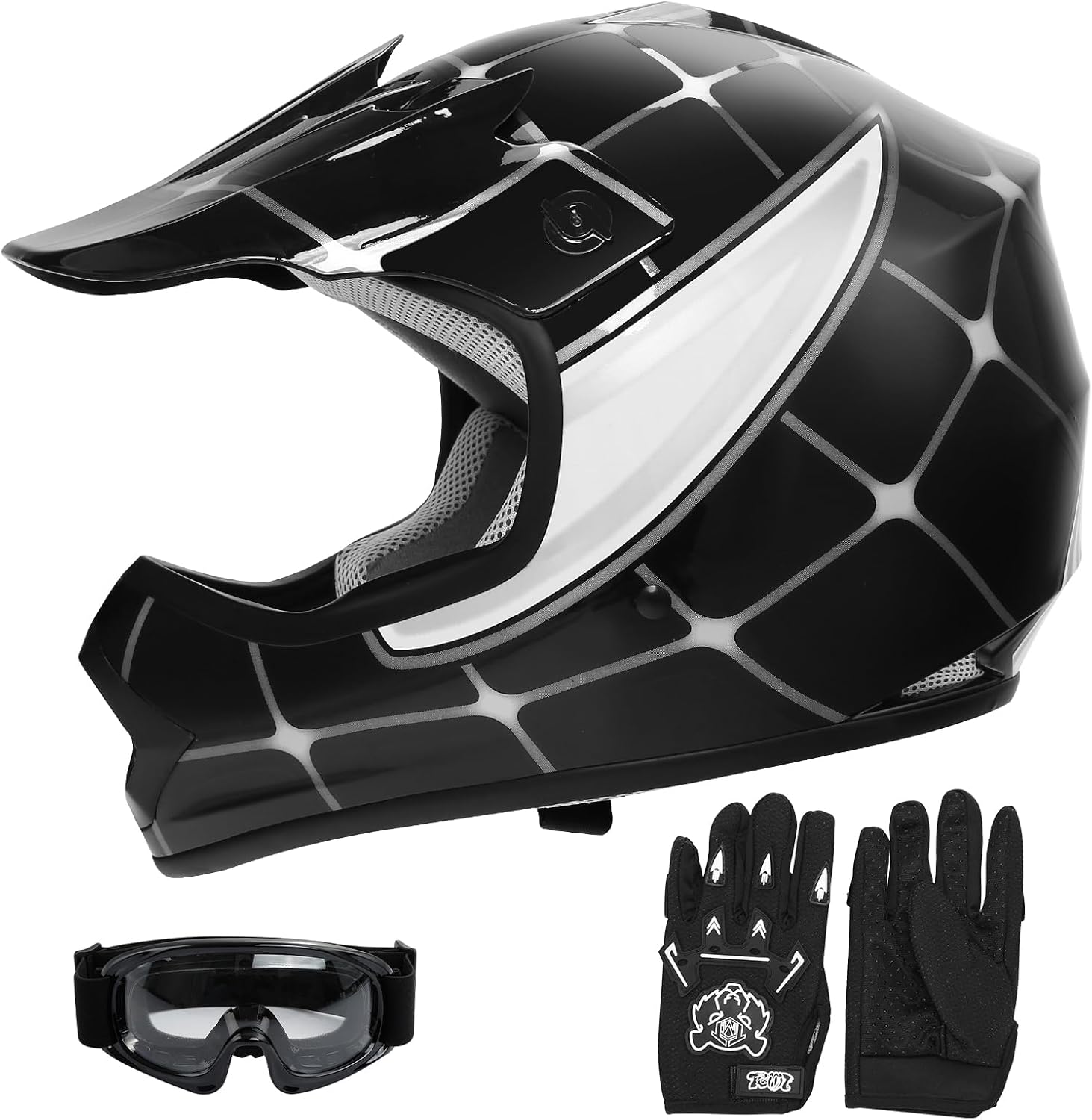 SLMOTO ATV Helmets for Kids Youth DOT Motocross Offroad Street Helmet Motorcycle Blue Helmet Dirt Bike Motocross Helmet+Goggles+Gloves