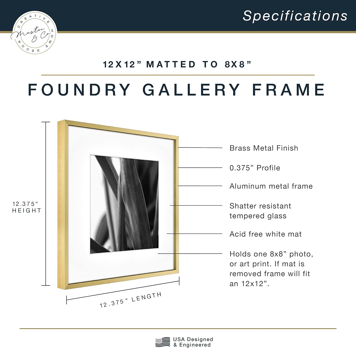 MCS Master & Co. Foundry Metal Picture Frame, 12x12 Matted to 8x8