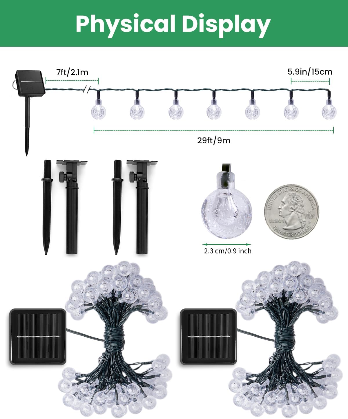 Brightown Solar String Lights Outdoor 60 Led 35.6 Feet Crystal Globe Lights with 8 Lighting Modes