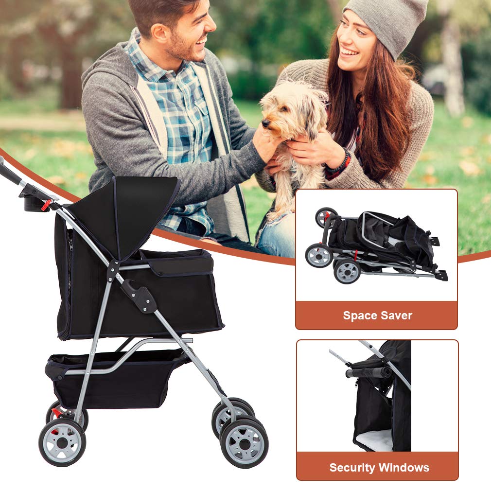 BestPet | 4-Wheel Foldable Pet Stroller | Black | Lightweight & Portable | Travel Carrier with Mesh Windows, Storage Basket, Cup Holder, Safety Brakes, and Waterproof Fabric | For Small Dogs and Cats