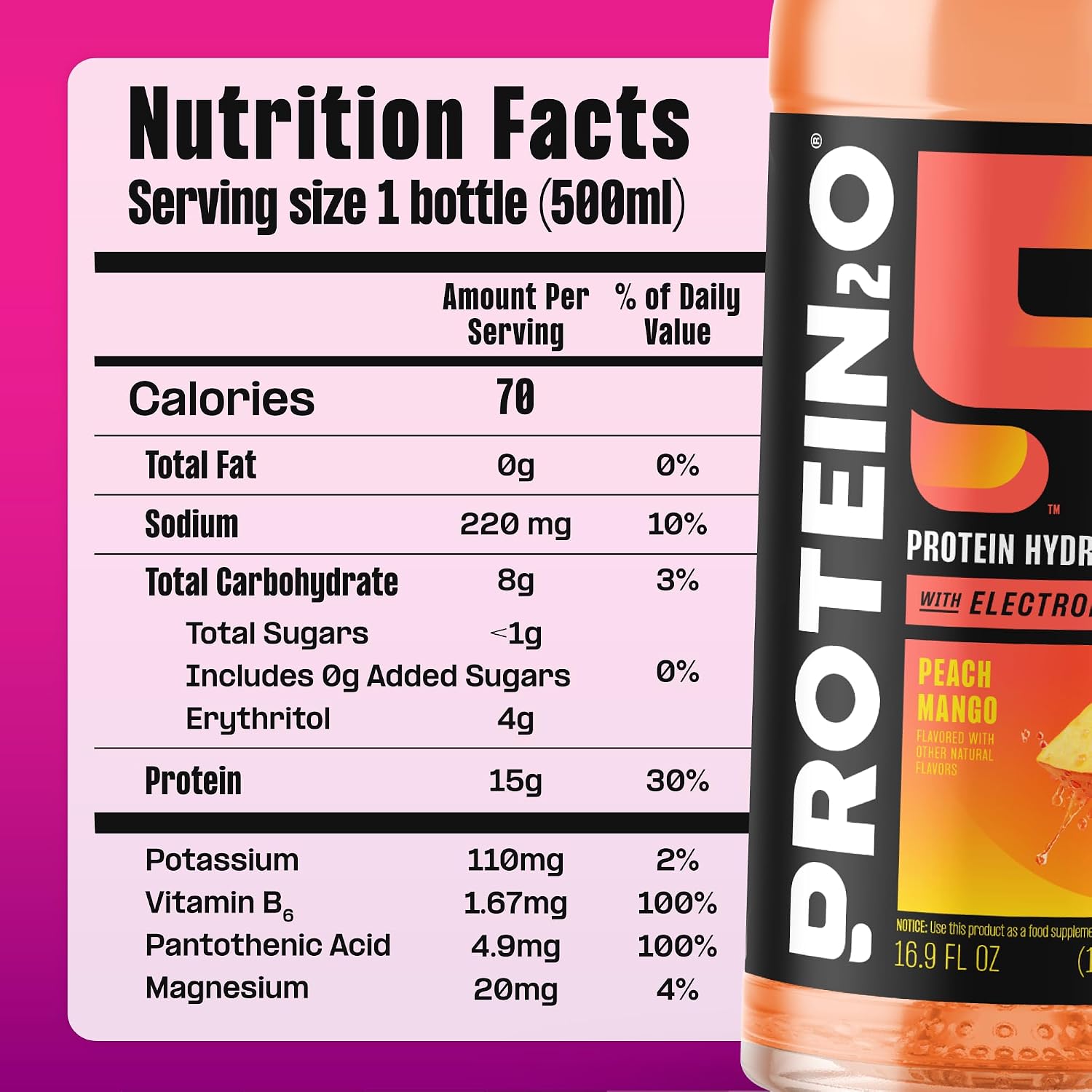 Protein2o 15g Whey Protein Infused Water, Peach Mango, 16.9 Oz Bottle (Pack of 12)