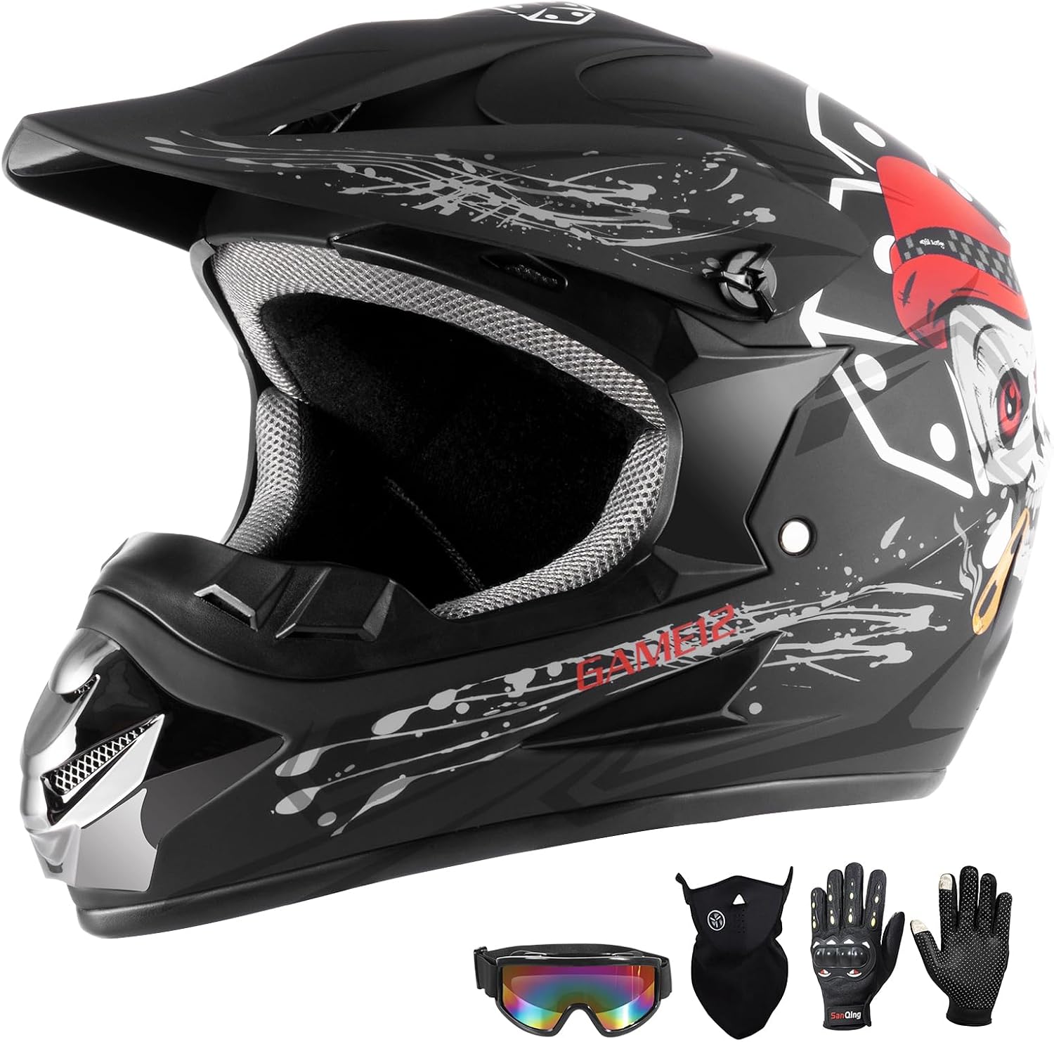 Youth Kids Dirt Bike Motocross Helmet (Goggles Gloves Face Mask) 4PCS Set, DOT Approved Full Face Motorcycle Helmets