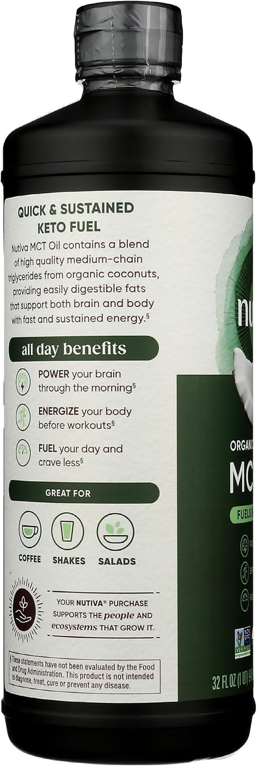 Nutiva Organic MCT Oil, Unflavored, 32 Oz, USDA Organic, Non-GMO, Non-BPA, Whole 30 Approved, Vegan, Gluten-Free & Keto, 14g MCT per Serving & Neutral Flavor for Energy Boost to Coffee, Shakes and Salads