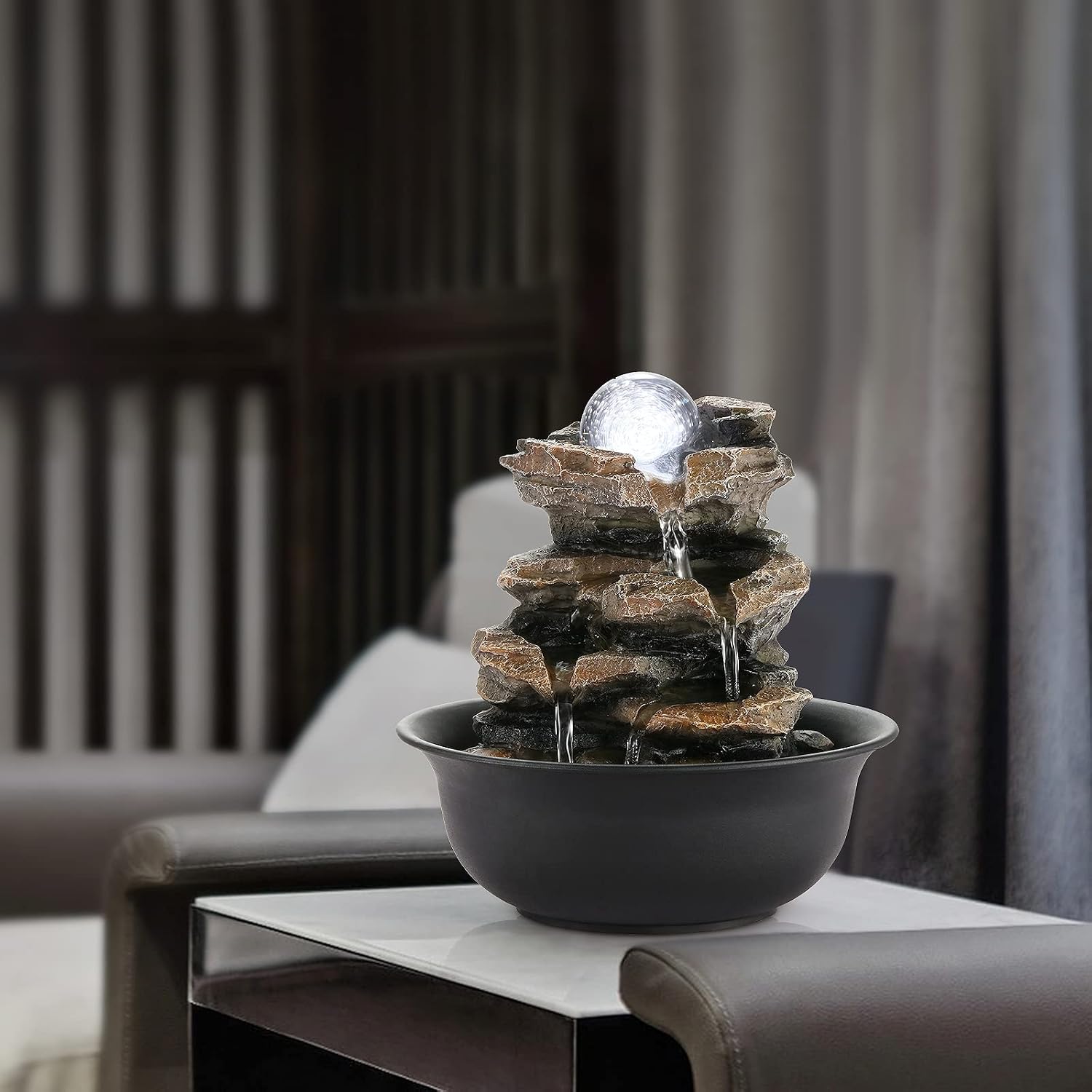 WICHEMI Indoor Water Fountain Tabletop Fountain Stacked Rock with LED Light | Relaxing Water Feature, Meditation Fountain, Soothing Sound, Stress Relief, For Home Office Bedroom Decor, 7.8"x7.8"x7.9"