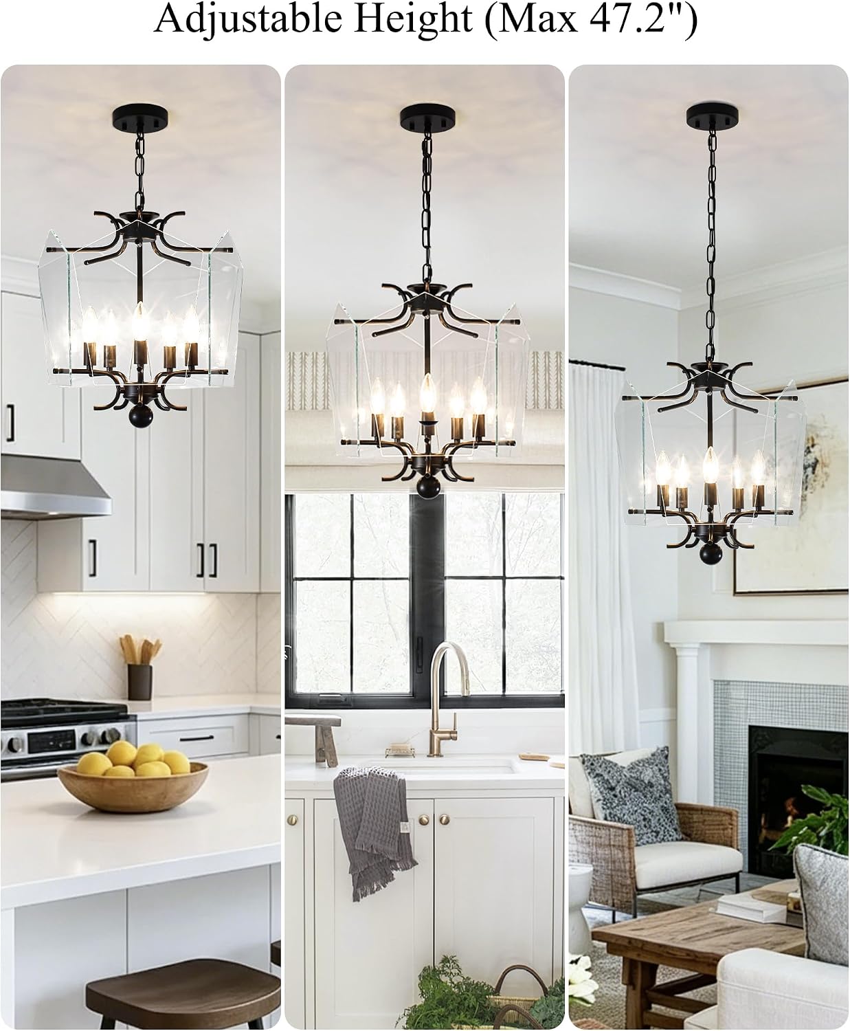 Mid Century Glass Chandelier, Retro Black Chandelier Pendant Light | Height Adjustable, 5-Light E12
