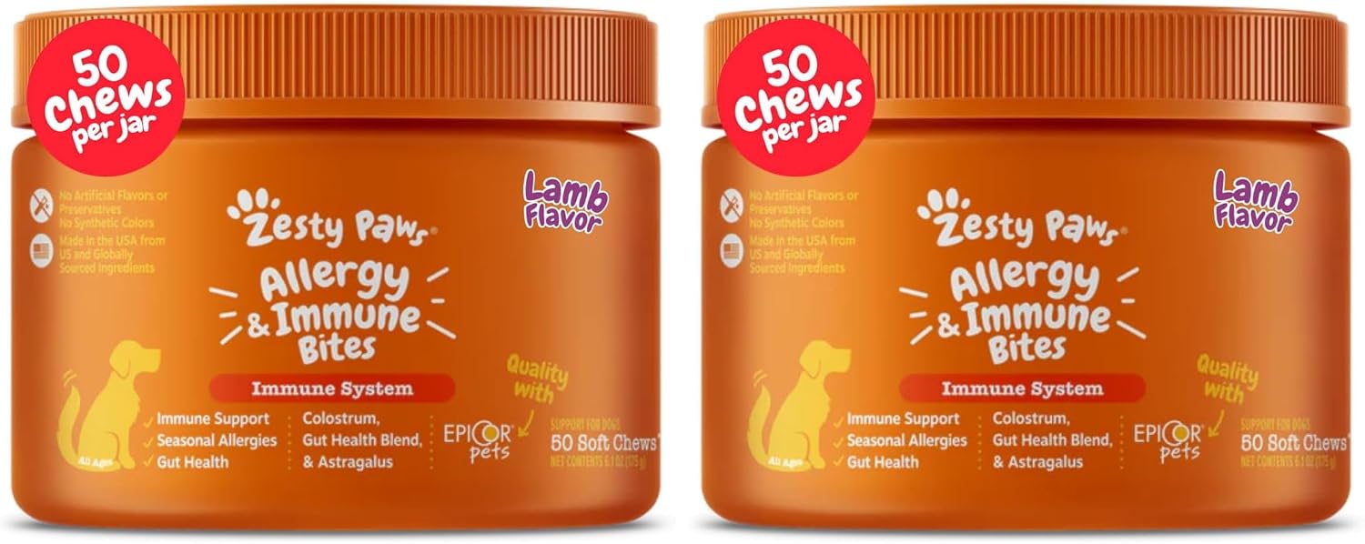 Zesty Paws Allergy Immune Bites - Dog Allergy Chews, Dog Probiotics for Itchy Skin and Ears, Lamb, 90ct