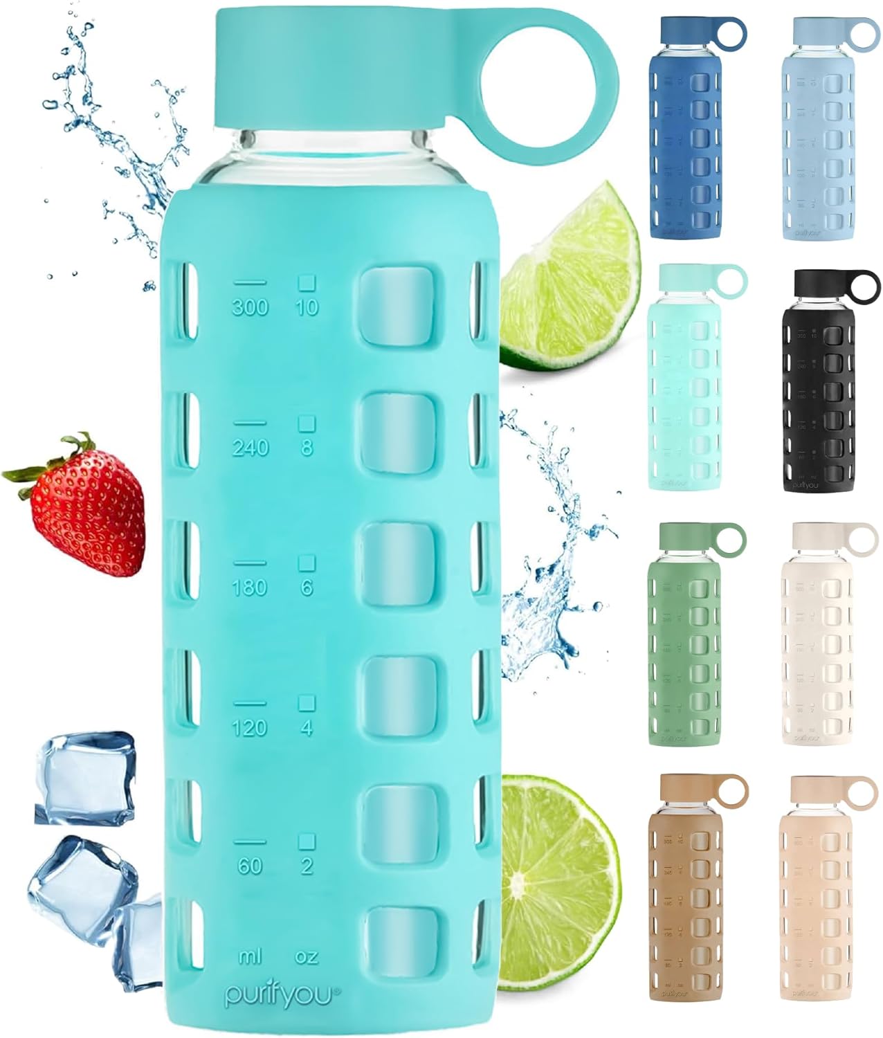 purifyou 40oz / 32oz / 22oz / 12oz Borosilicate Glass Water Bottle with Time & Volume Markers, Silicone Sleeve