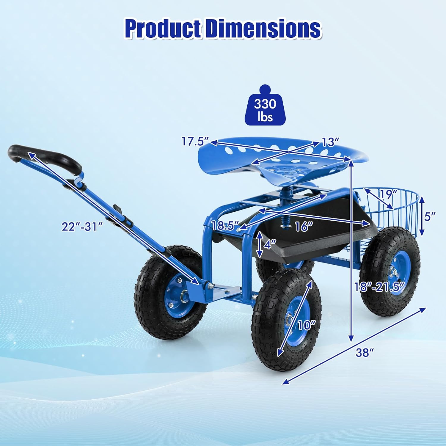 Goplus Rolling Garden Cart with Seat, Outdoor Garden Stool with Wheels, Tool Tray & Basket, Adjustable Steering Handle