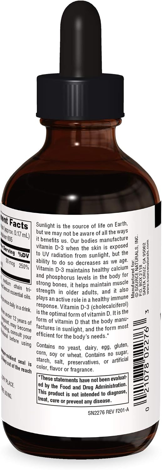 Source Naturals Vitamin D-3 Liquid Drops 2000 iu Supports Bone & Immune Health - 4 Fluid oz | Bioactive Form For Bone And Immune Health*