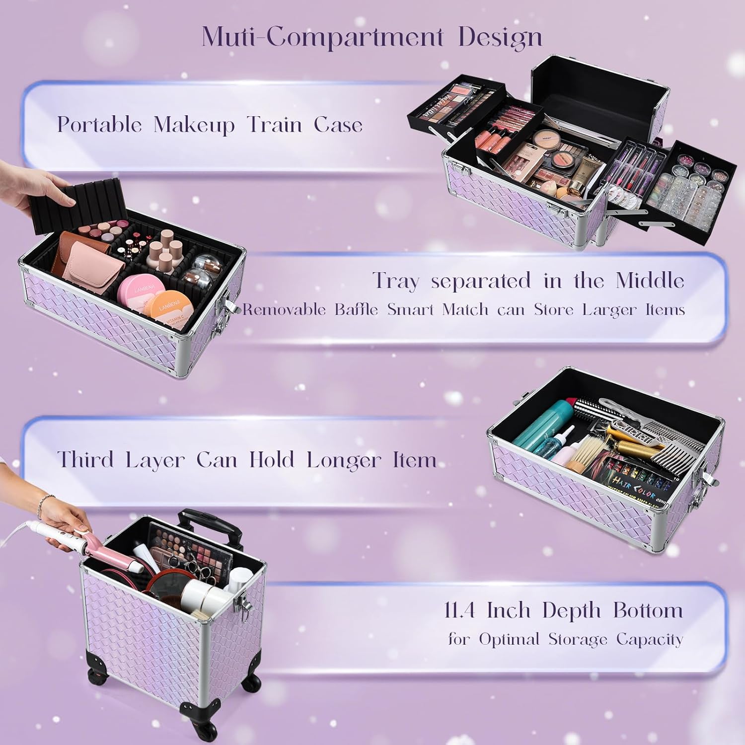 Stagiant Rolling Makeup Case Cosmetology Case on Wheels 4 in 1 Large Cosmetic Organizer Train Case Makeup Travel Case with Key Swivel Wheels Nail