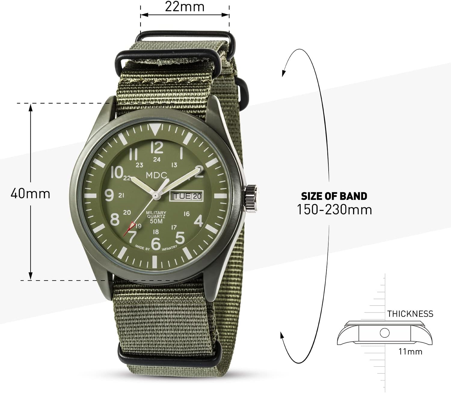 Infantry Mens Military Field Watch, Vietnam Style, 12/24H, Green Nylon Band