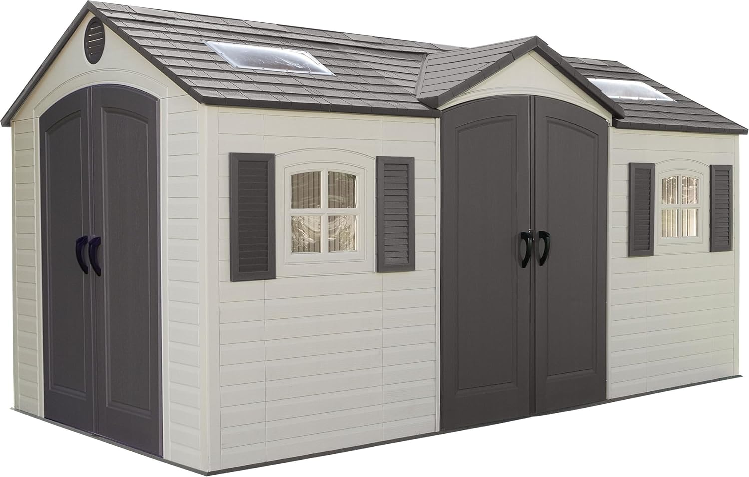 Lifetime 15×8 Ft Dual‑Entry Outdoor Storage Shed, Steel‑Reinforced, UV‑Protected, Weather‑Resistant Backyard Garden Shed with Skylights