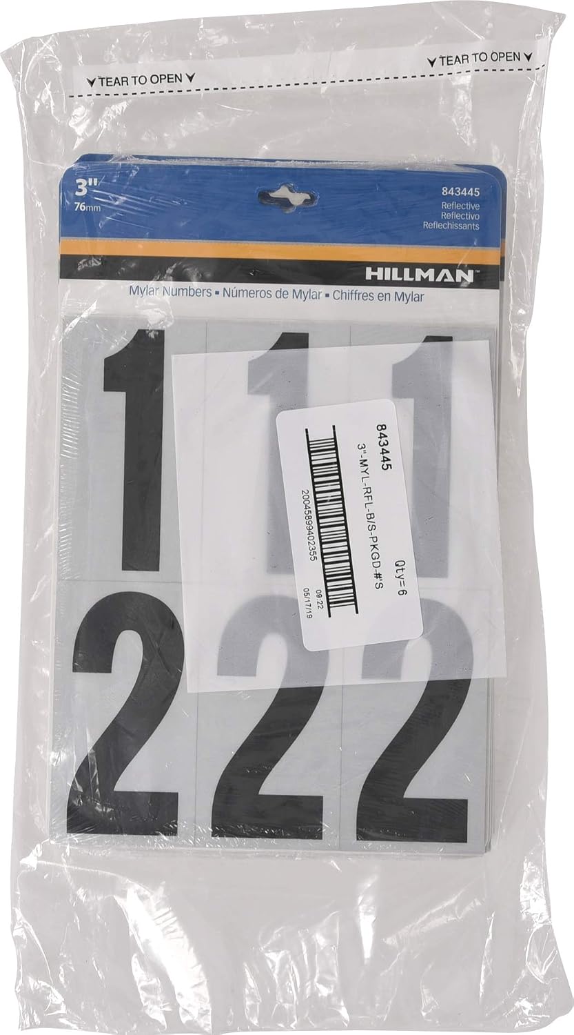 Hillman Reflective Adhesive Mailbox Number Pack, 3", Black and White 843445 | Square-cut vinyl, Self-adhesive reflective numbers for mailboxes, doors