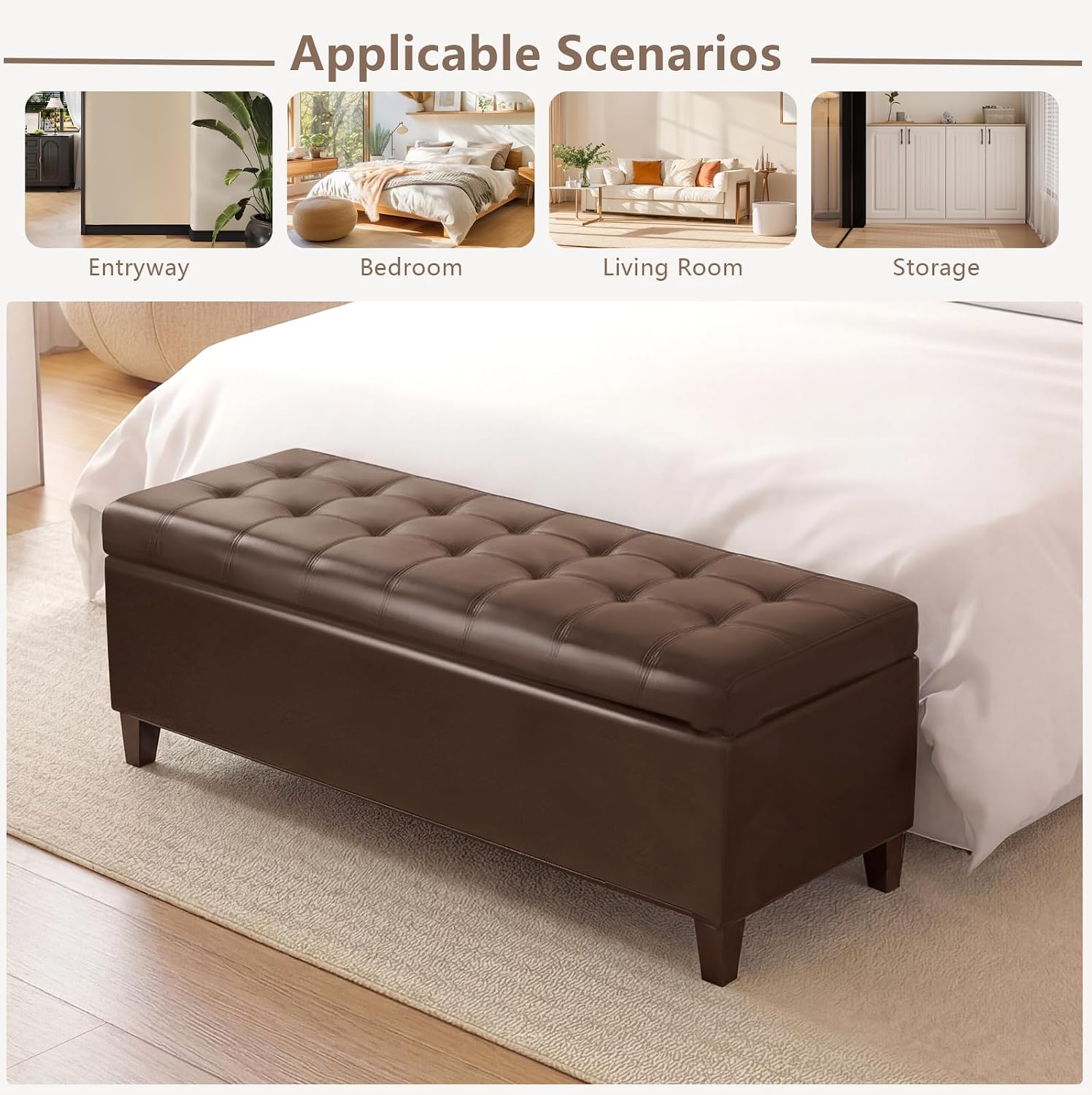 51 Inch Storage Bench,Leather Tufted Storage Ottoman with Legs | Safety Hinges,Wooden Legs,Upholstered,End of Bed,Bedroom,Living Room,Entryway,330LBS,Brown