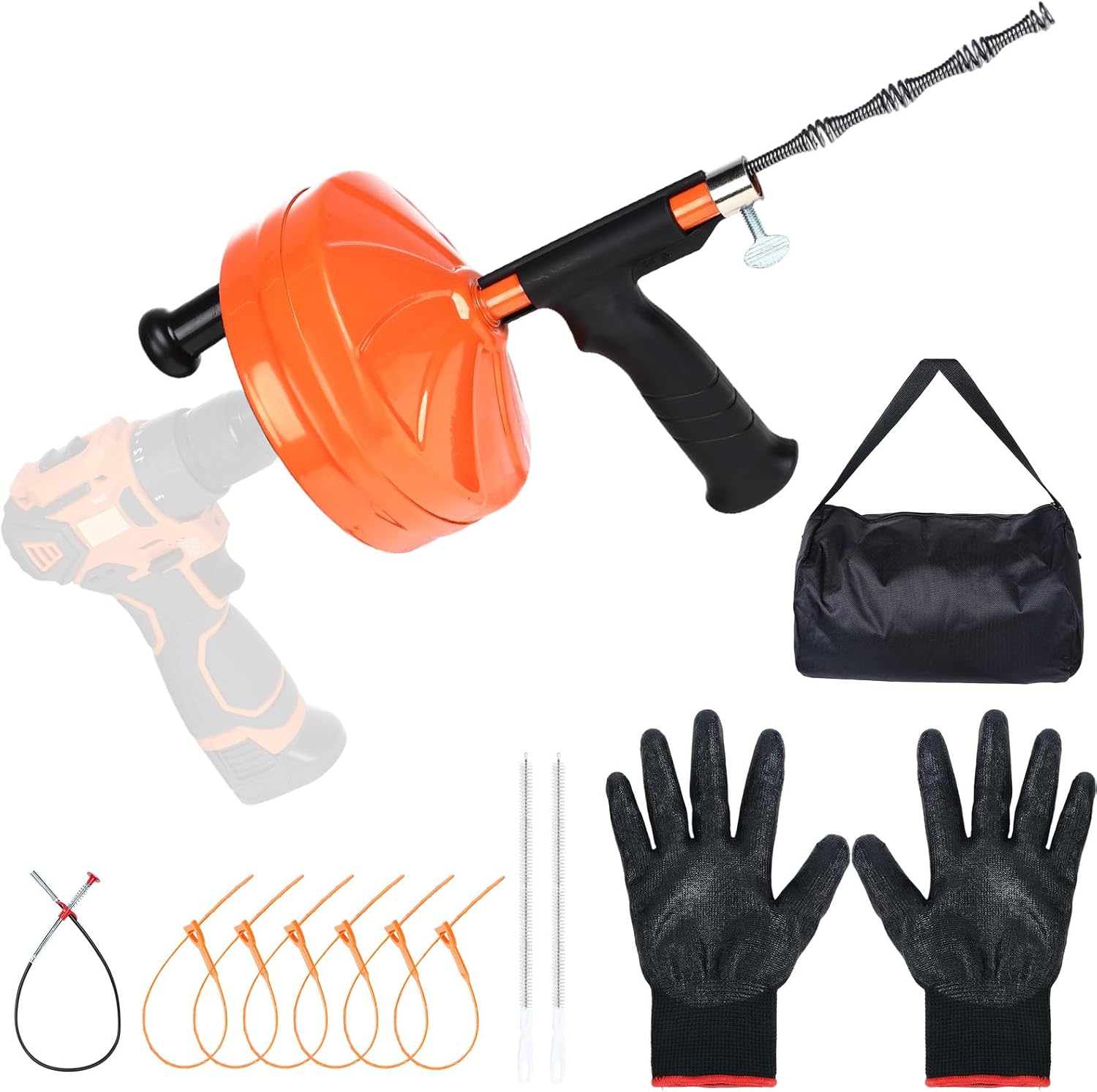 50 Ft Drain Auger,Use Manually or Drill Powered 50 Foot Drain Snake,Heavy Duty Flexible Plumbing Snake,With Gloves and Storage Bag for Kitchen Sink, Shower Drain (50FT, Orange)