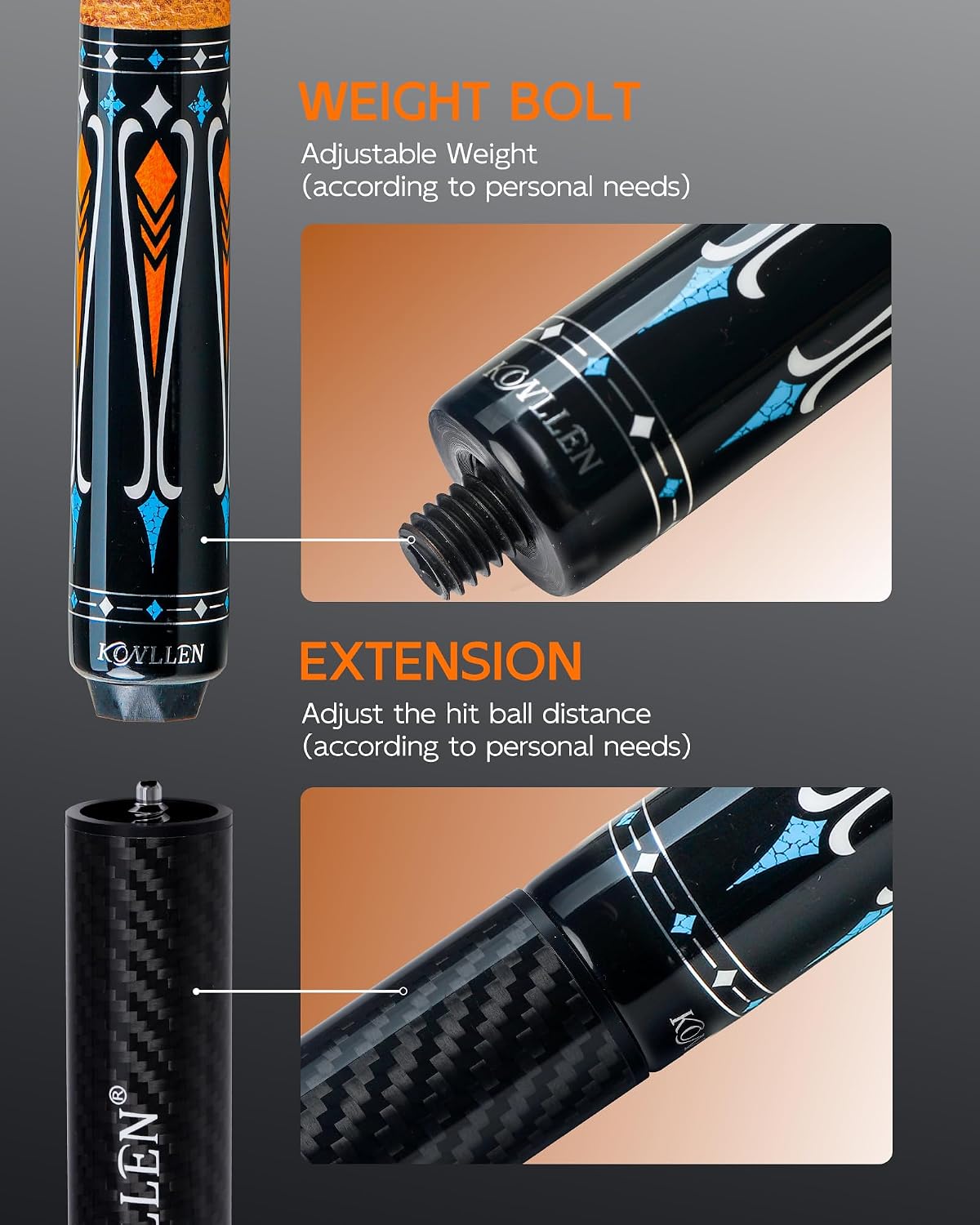 KONLLEN Carbon Fiber Pool Cue Stick 58-inch Professional Pool Sticks for Adults Full Carbon Technology Low Deflection Pool Cue Billiard Cues with 12.5mm Tip (Easy to Control, Pro Taper, Ultra-Smooth)