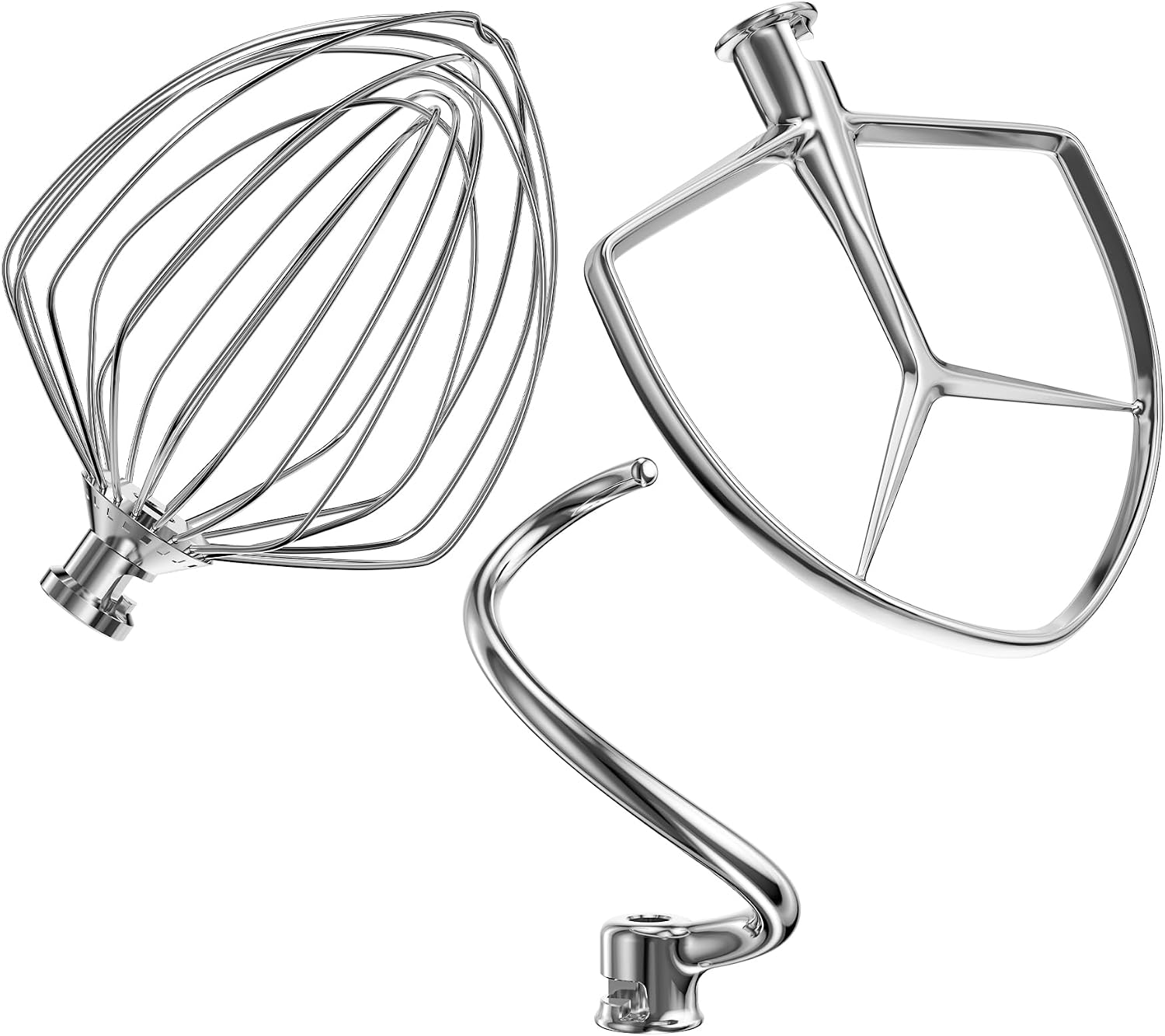 Stainless Steel Stand Mixer Attachments 3-Piece (4.5-5QT Flat Beater, 4.5-5QT Dough Hook, K45WW 6-Wire Whip Attachment) for KitchenAid Tilt-Head Stand Mixer and 4.5-5 Quart Bowl, Dishwasher Safe