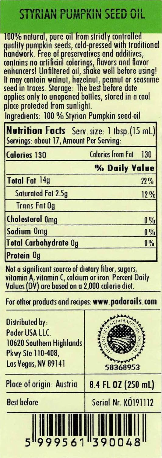 PÖDÖR Premium Styrian Pumpkin Seed Oil - 8.4 fl. Oz. - Cold-Pressed, 100% Natural, Unrefined and Unfiltered, Vegan, Gluten-Free, Non-GMO in Glass Bottle