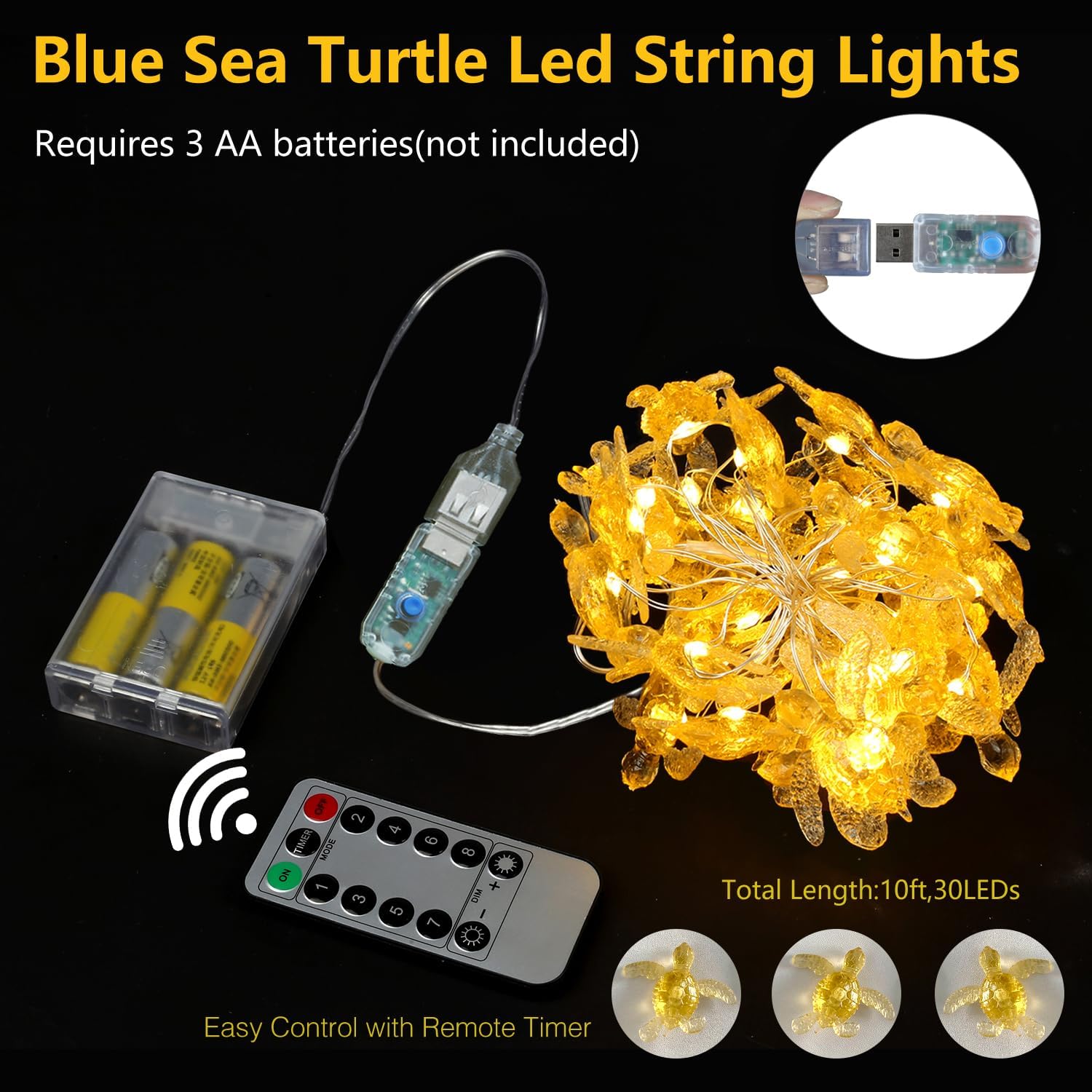 Beach Theme -Cute Green Sea Turtle String Lights- Ocean Fairy Decorative Lights- 10ft 30 LEDs -USB Powered -Multi-Function- Remote Control-Christmas