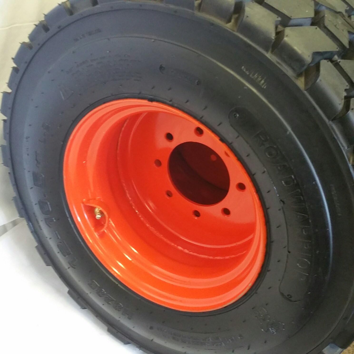 Set of Four (4) 12-16.5 ROAD CREW RS102 14 PLY Skid Steer Loader Tire with Orange Color Rims mounted, RS-102