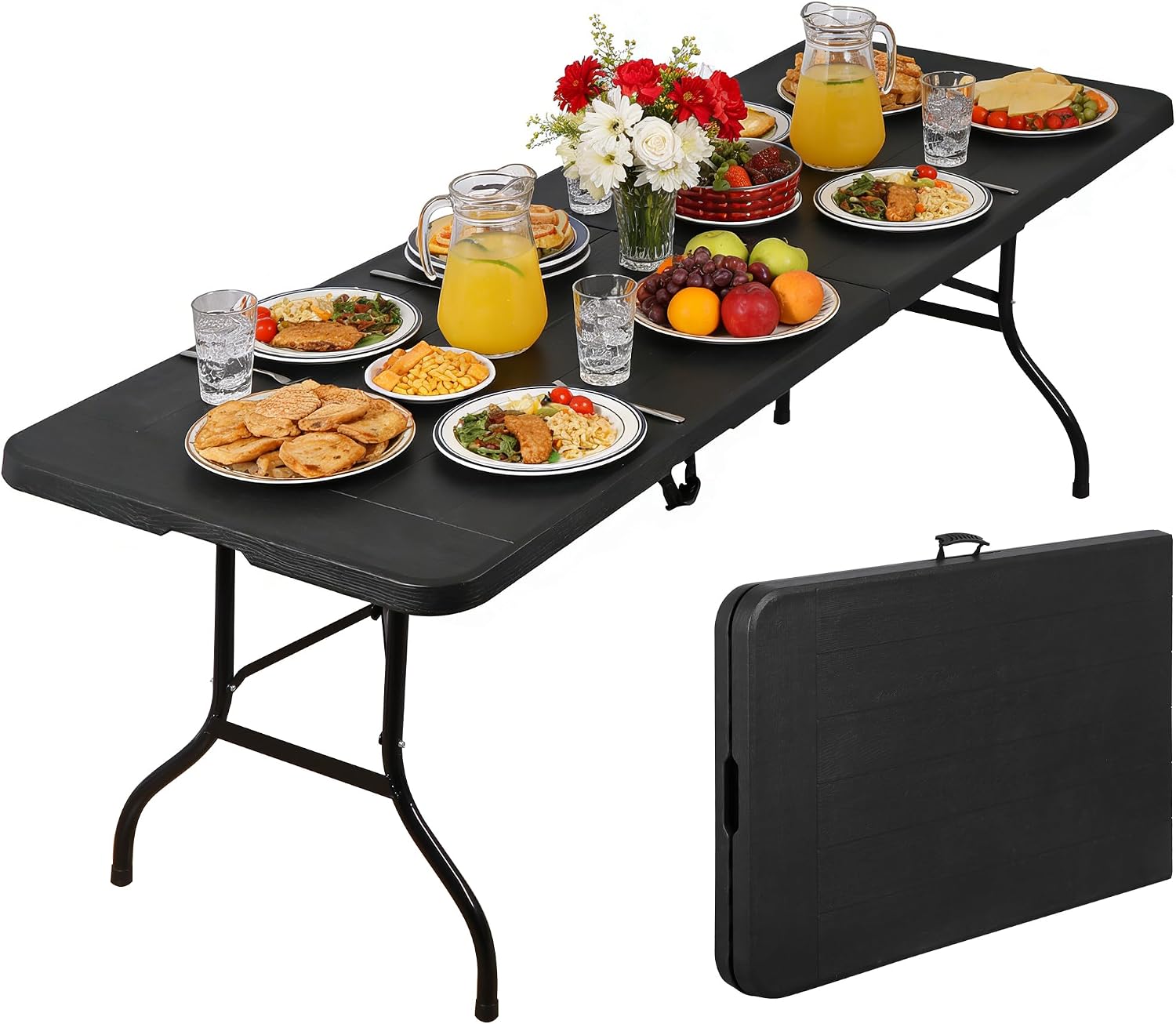 ZenStyle 6 ft Indoor Outdoor Heavy Duty Plastic Folding Table Portable Picnic Table Fold-in-Half Utility Table w/Handle and Steel Legs for Camping