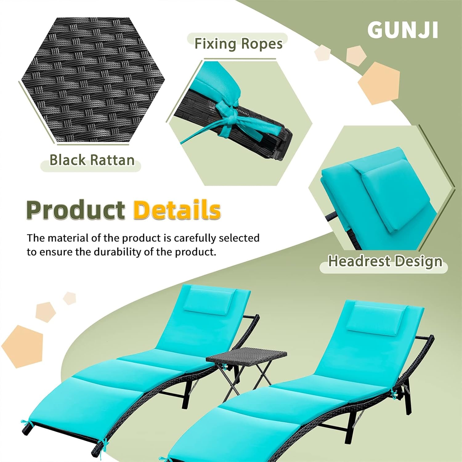 GUNJI Lounge Chairs for Outside 3 Pieces Patio Adjustable Chaise Lounge Outdoor Wicker Lounge Chairs Set of 2 with Table Folding Chaise Lounger for