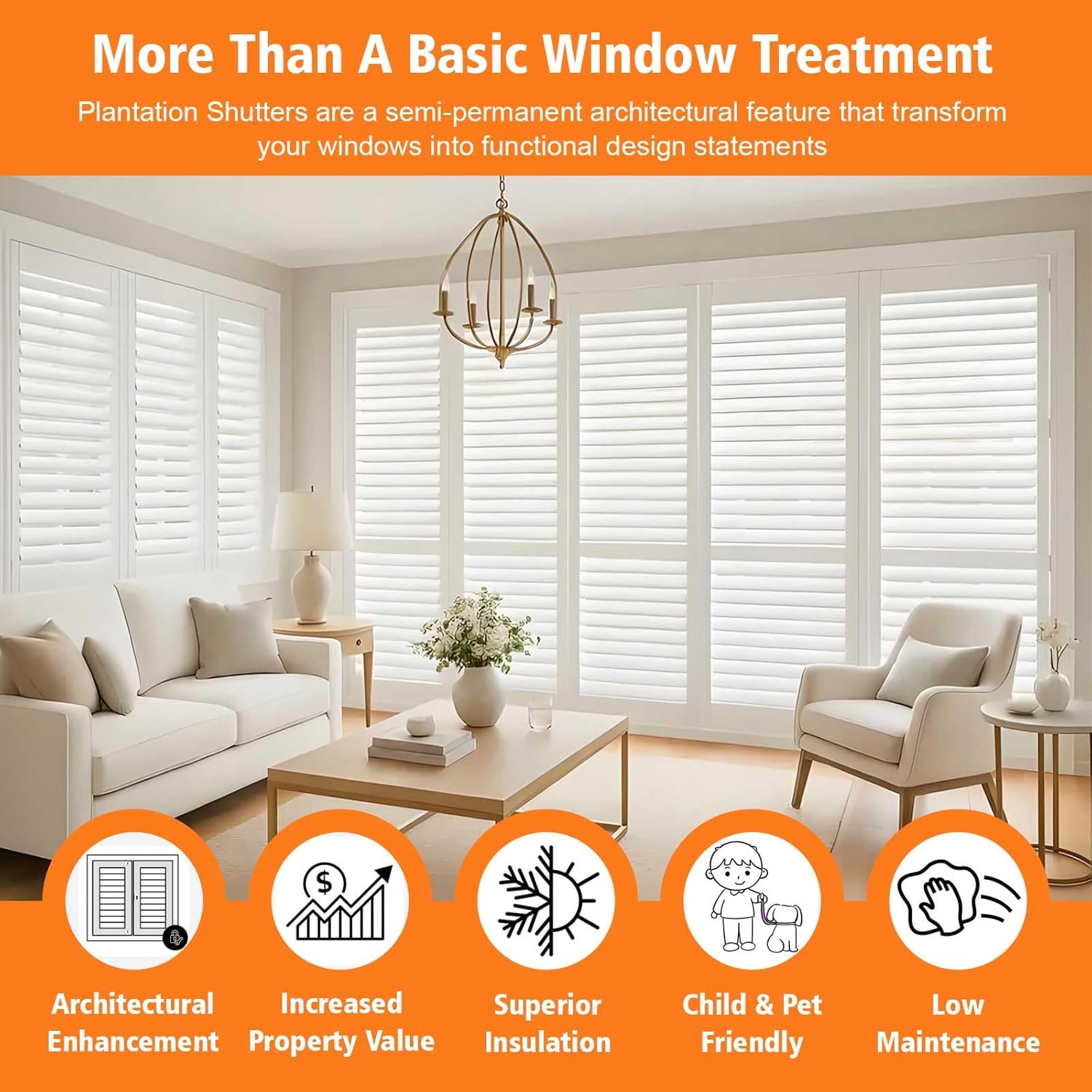 Plantation Shutters for Interior Windows, White, Faux Wood, Custom Made | Interior/Inside, Humidity-Resistant, Protect Privacy, Adjust light, for Bath