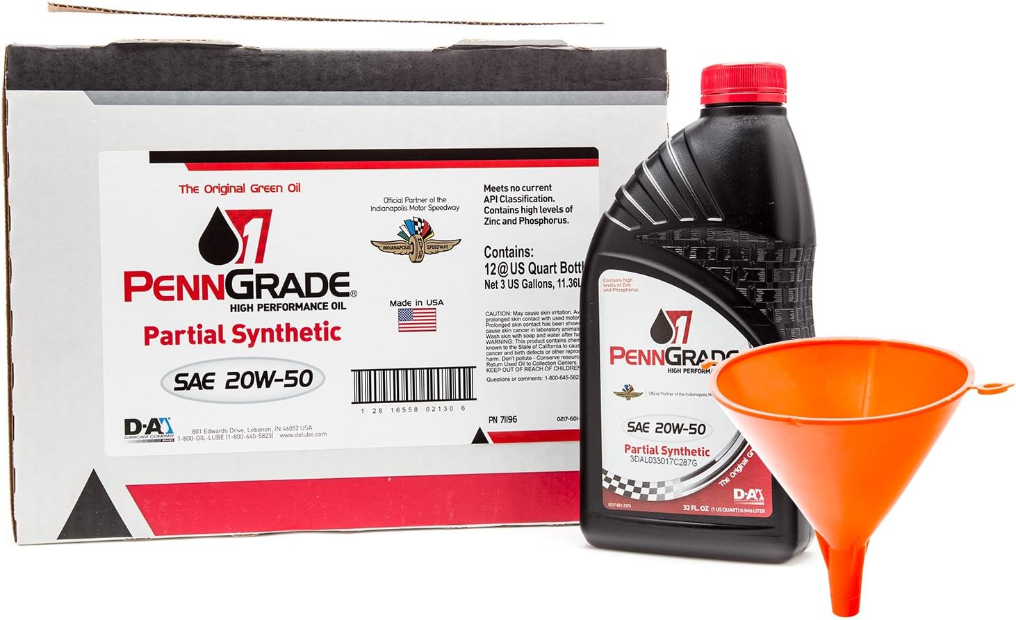 PENN GRADE 1, 20W-50 Partial Synthetic Racing Oil 12 Pack With Funnel