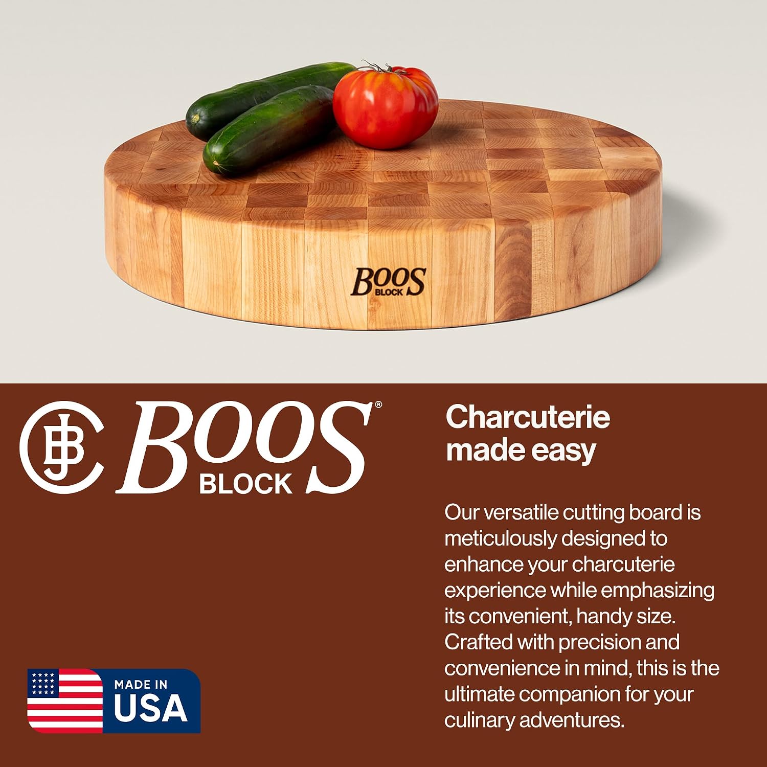 John Boos CCB Series Round Wooden Maple Cutting Board 18”x18” – 3” Thick, 22-lb Non-Reversible Butcher Block with End-Grain – Made in the USA
