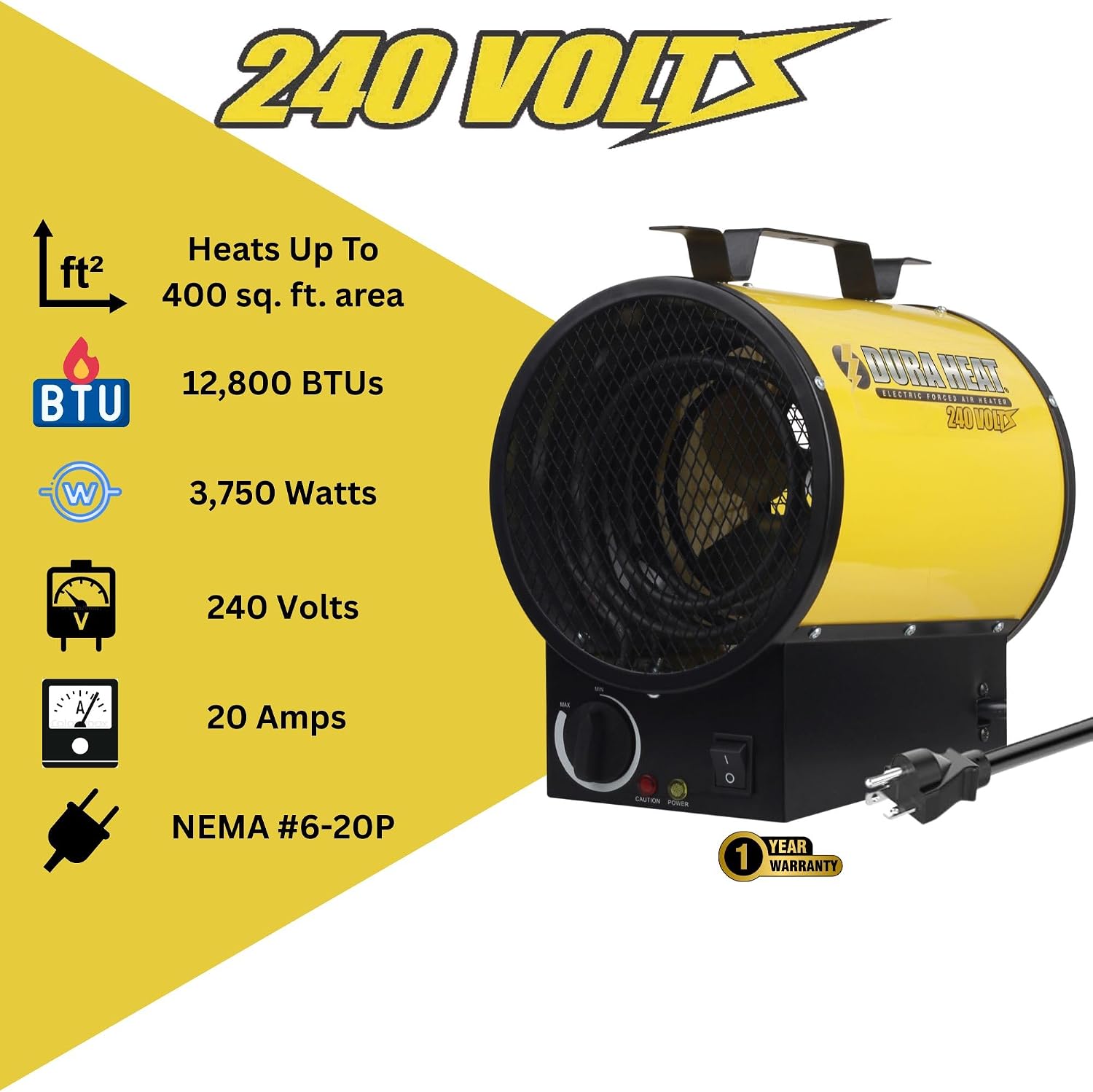 Dura Heat 240V Electric Space Heater for Garage, 3750W, 12800 BTU - EUH4000 | 6-20P Plug, Electric Industrial Garage Heater, Workshop