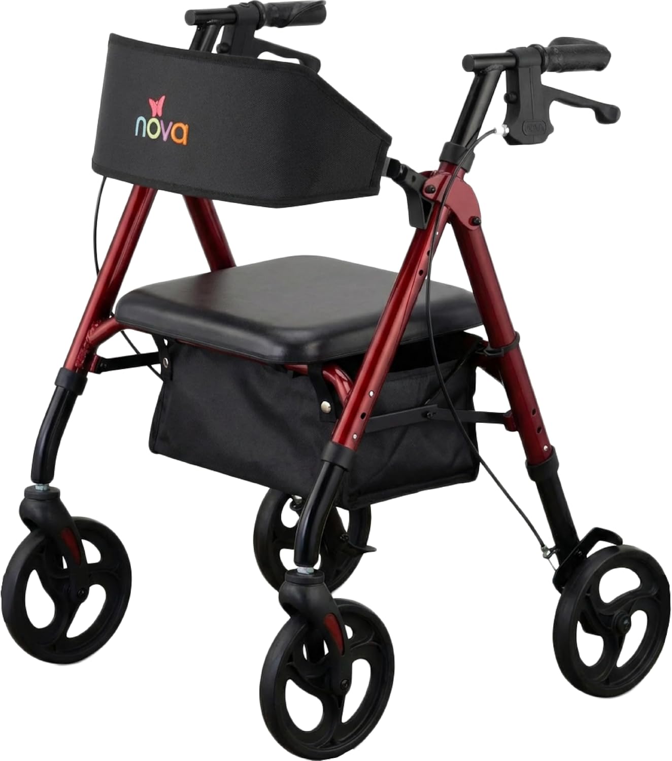 NOVA Star 8 Foldable Rollator Walker for Seniors (5'3"–6'2"), Wide Padded Backrest with Seat, 8” All-Terrain Wheels, Easy-Grip Locking Hand Brakes, Height Adjustable, Sky Blue