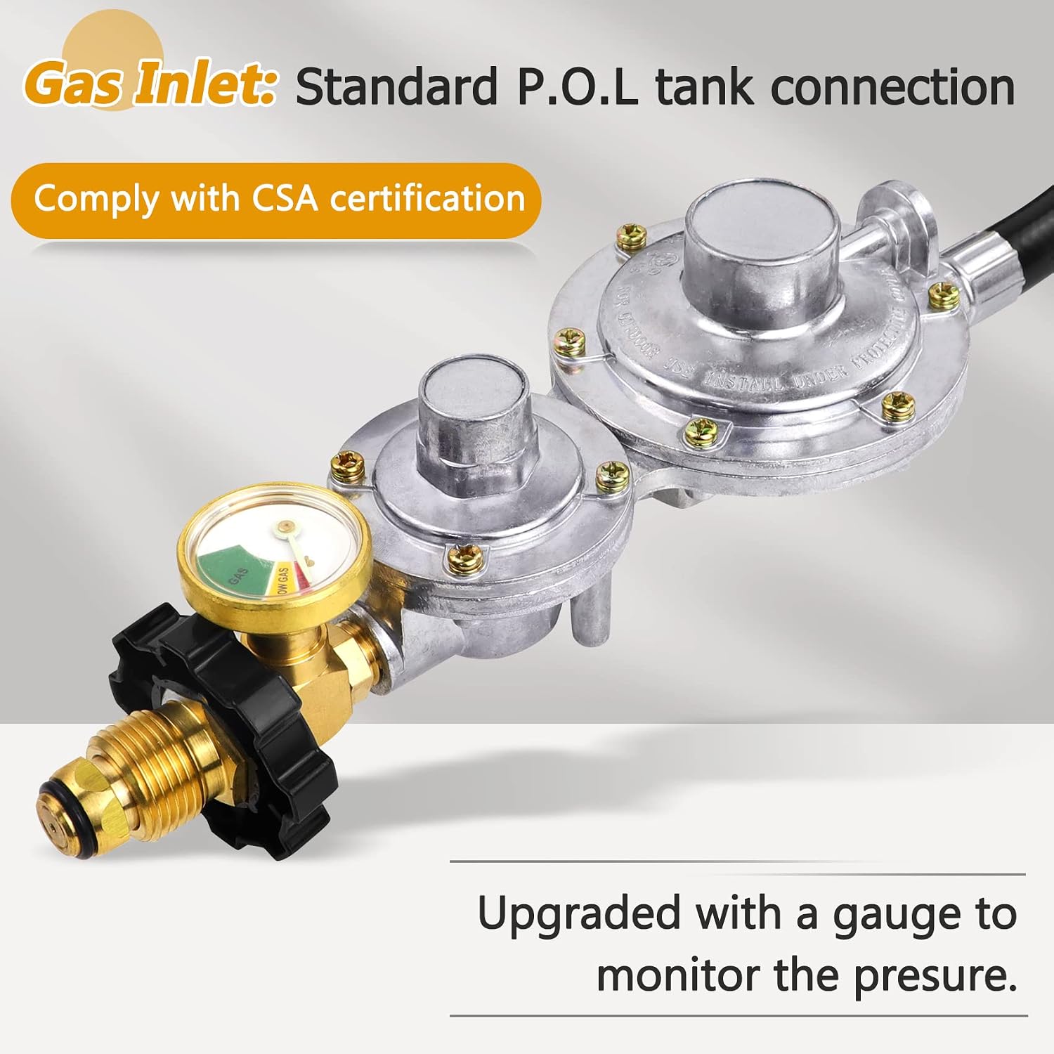 Azdele Two Stage Propane Regulator with 10 ft Hose and Gauge, CSA Certified