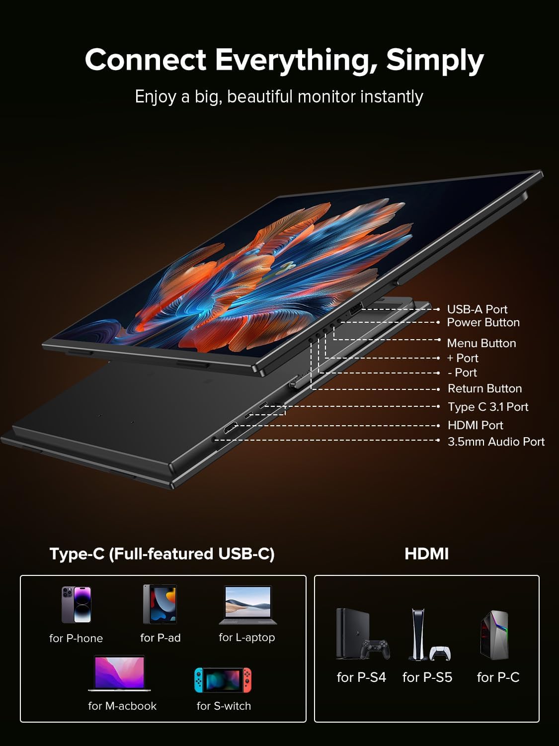 UPERFECT 18.5" 120Hz Portable Monitor, 125% sRGB Large Gaming Monitor