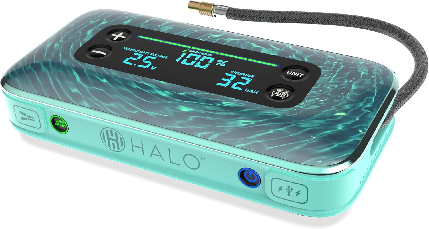 HALO BOLT AIR+ 1750A Jump Starter, AIR Compressor, Power Bank, Blue | 130 PSI air compressor, 59.9Wh power bank, large display, LED light. Jumps cars, SUVs & trucks