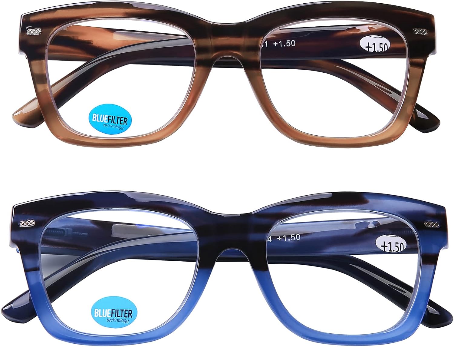 AQWANO Oversized Computer Reading Glasses Blue Light Blocking, 4 Pairs Stylish Fashion Design Anti UV Ray/Eye Strain/Glare Readers Men Women, 1.5