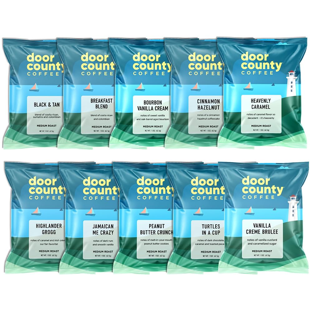 Door County Coffee Gourmet Flavored Sampler Pack, Ten 1.5 oz Bags