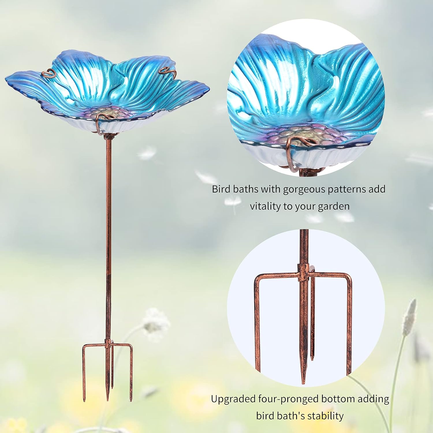 26" Glass Bird Bath, Outdoor Birdbath Bird Feeder Green Flower Metal Stake