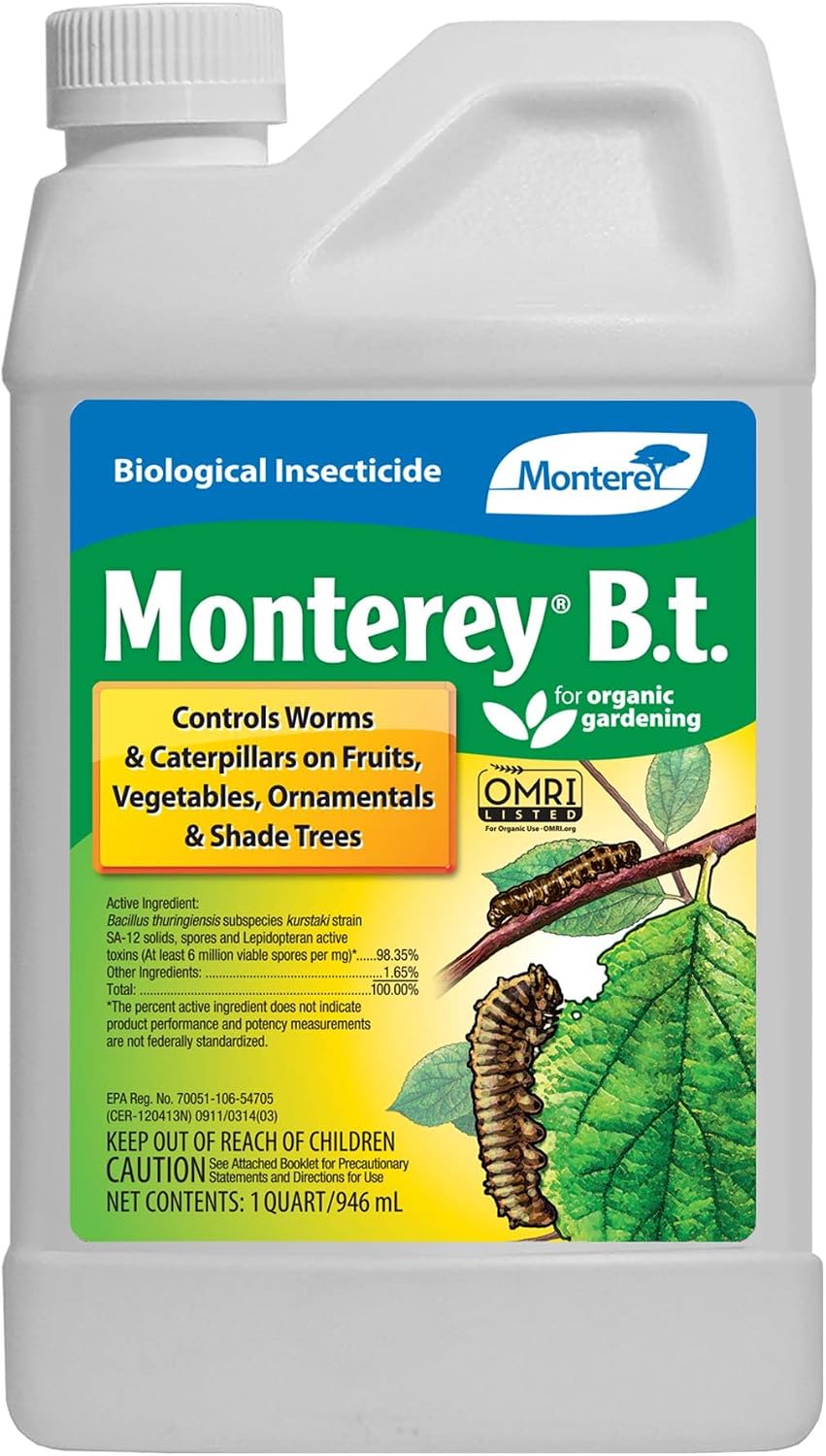 Monterey B.t. - Biological Insecticide for Organic Gardening - 1 Quart Concentrate - Apply Using a Sprayer Following Mix Instructions
