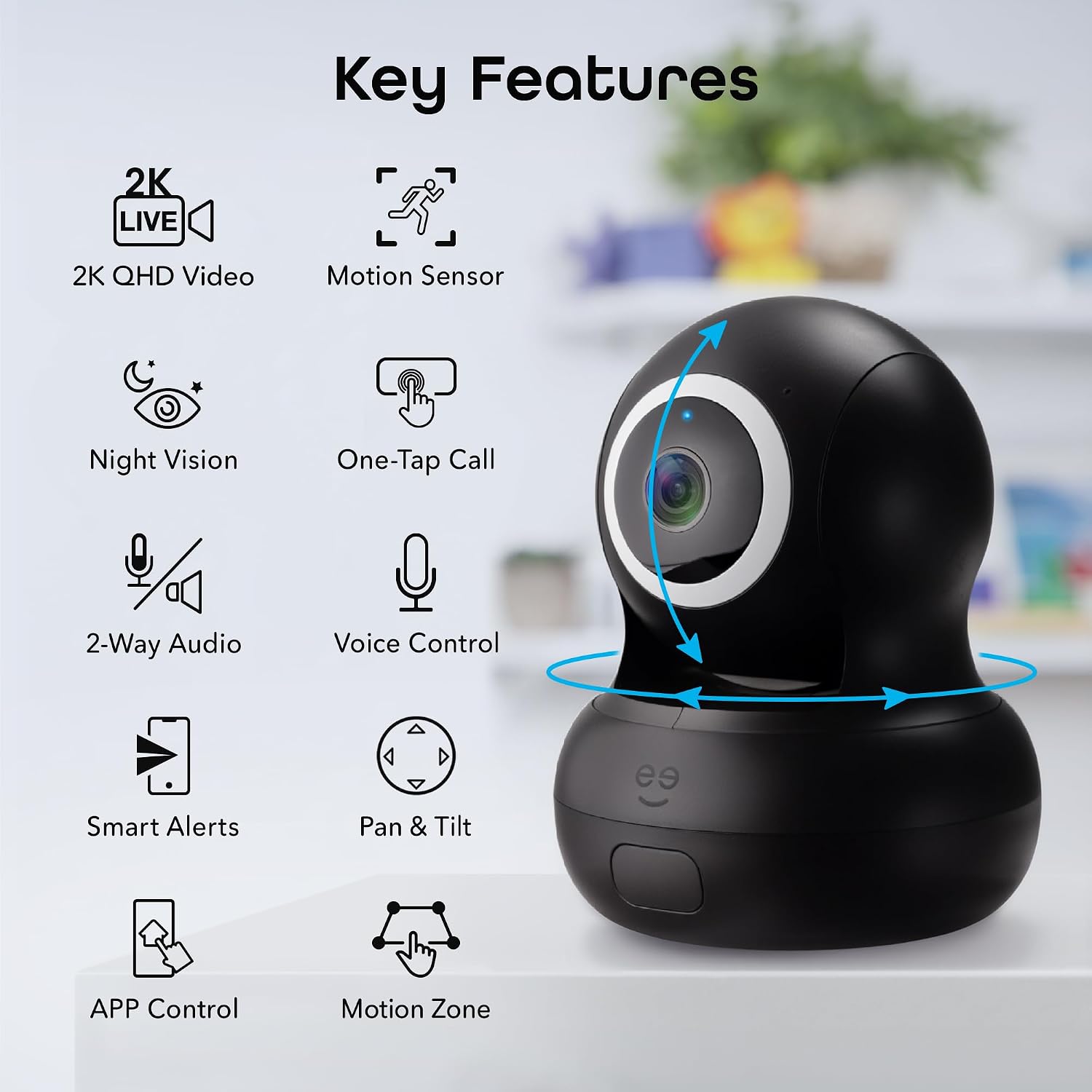 Geeni Sentinel Smart 2K Indoor Security Camera with Auto-Tracking – Dual-Band 2.4GHz & 5GHz WiFi, 2K HD Video, App & Voice Control, Motion Detection, White